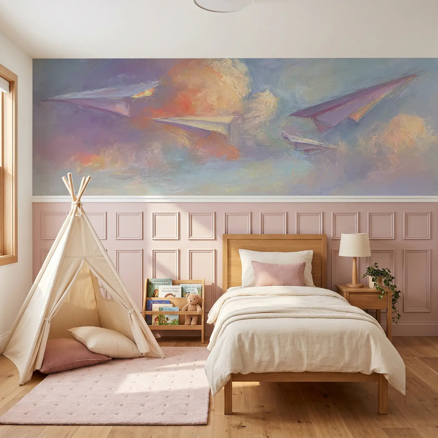 Soft Pastel paper plane drift wainscoting wallpaper for nursery by Whimsy Tots.