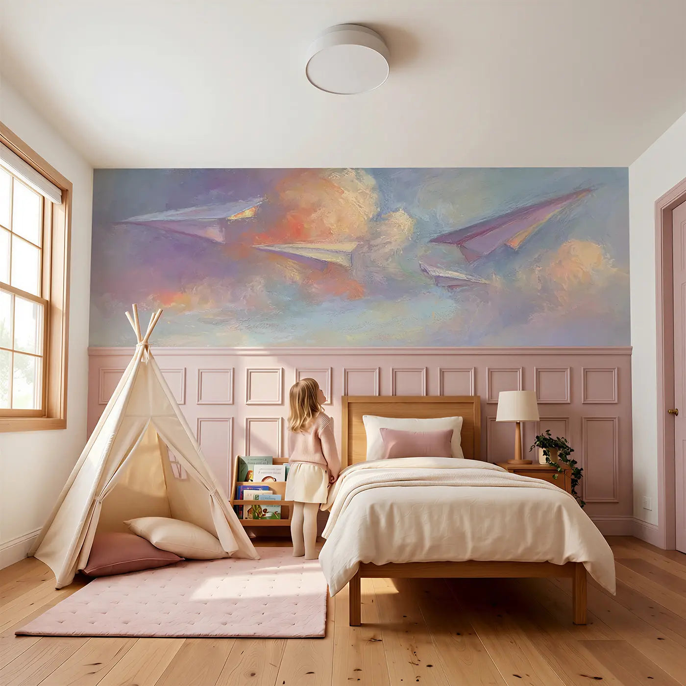 Child reading near Pastel Paper Plane Drift Soft Wainscoting Wallpaper by Whimsy Tots