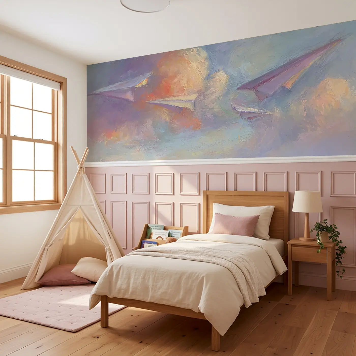 Pastel Paper Plane Drift Soft Wainscoting Wallpaper styled in a kids bedroom by Whimsy Tots