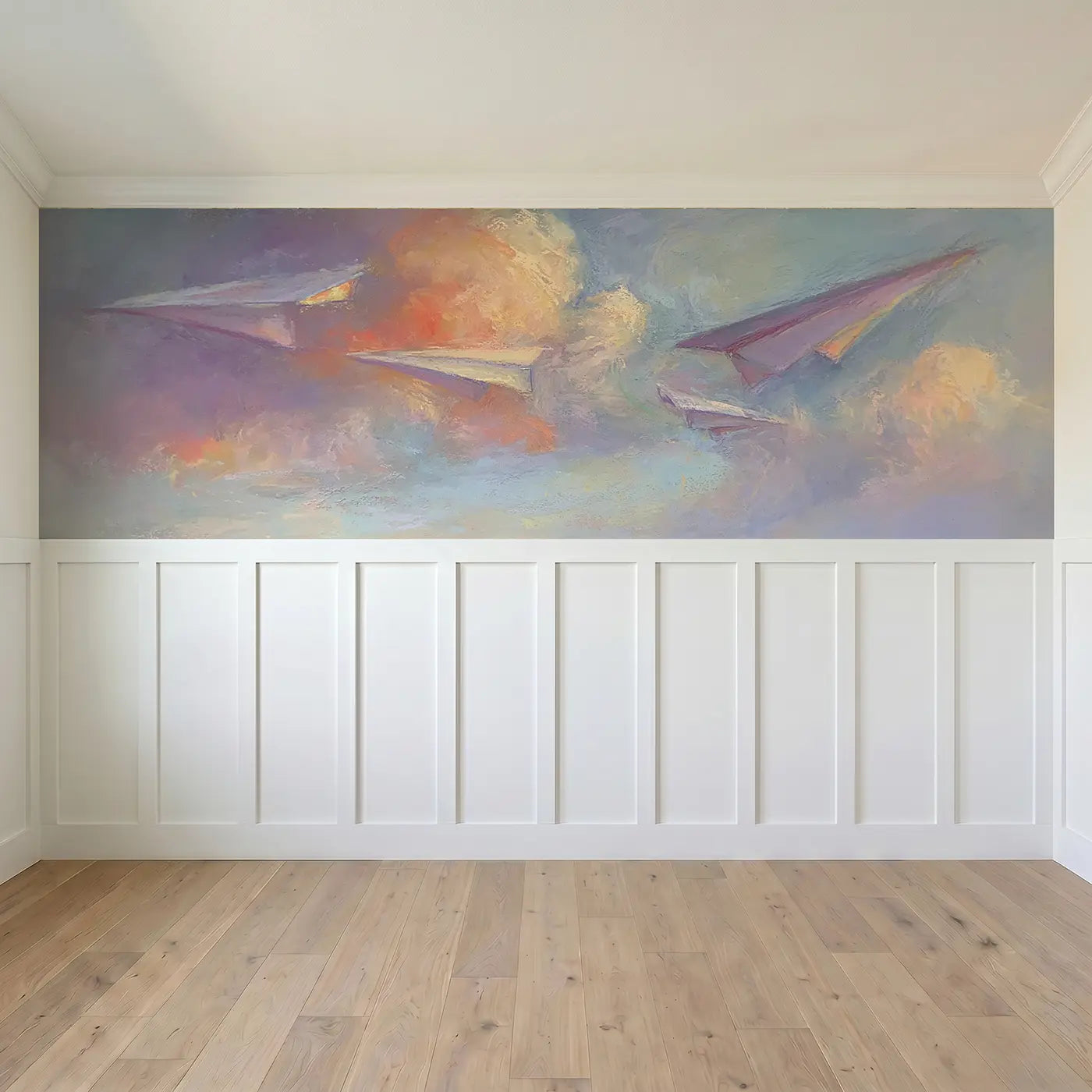 Full panel view of Pastel Paper Plane Drift Soft Wainscoting Wallpaper by Whimsy Tots