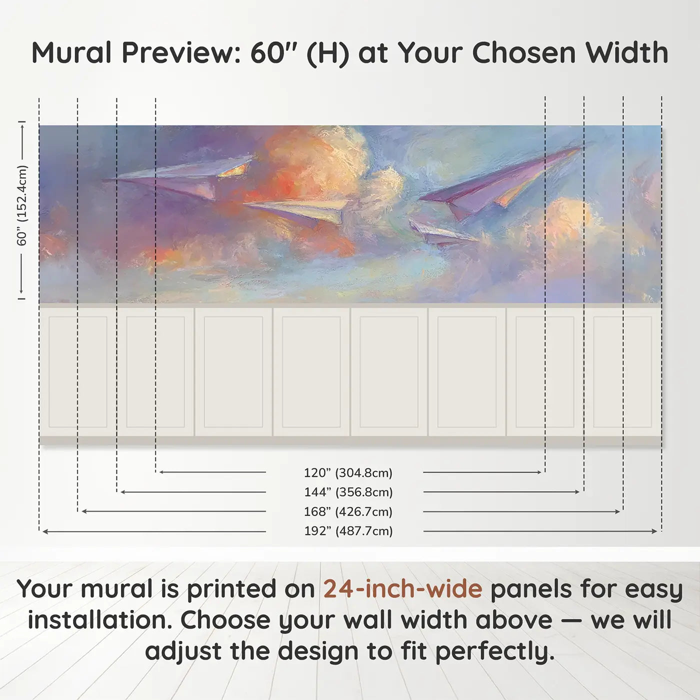 Panel dimensions for Pastel Paper Plane Drift Soft Wainscoting Wallpaper by Whimsy Tots