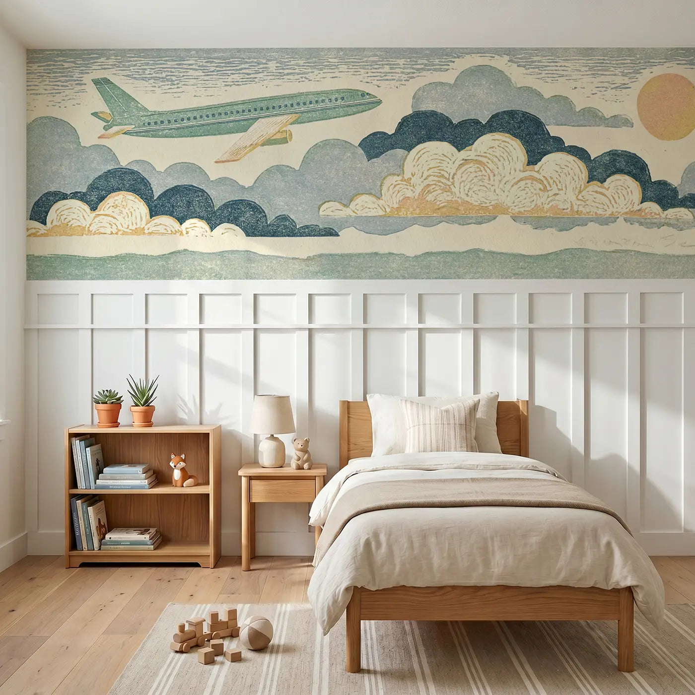 Block Print jet plane cloud wainscoting wallpaper for bedroom by Whimsy Tots.