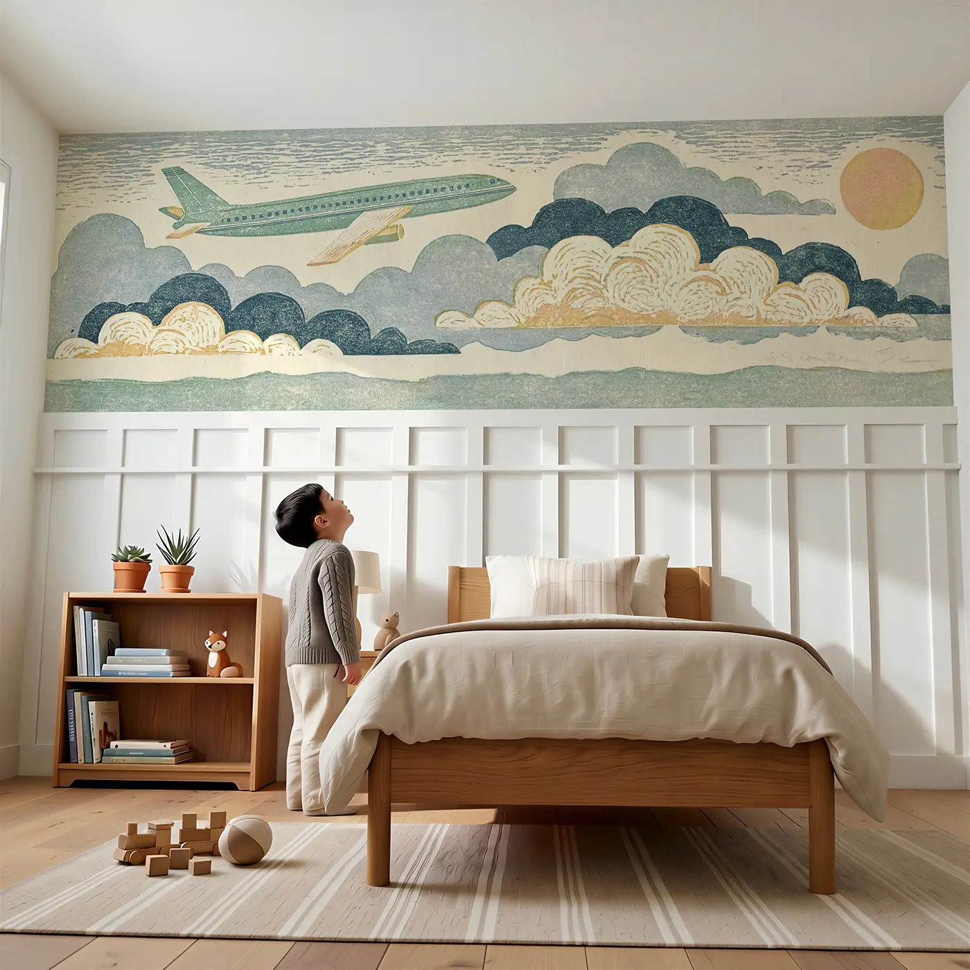 Child reading near Carved Jet Plane Cloud Wainscoting Wallpaper by Whimsy Tots