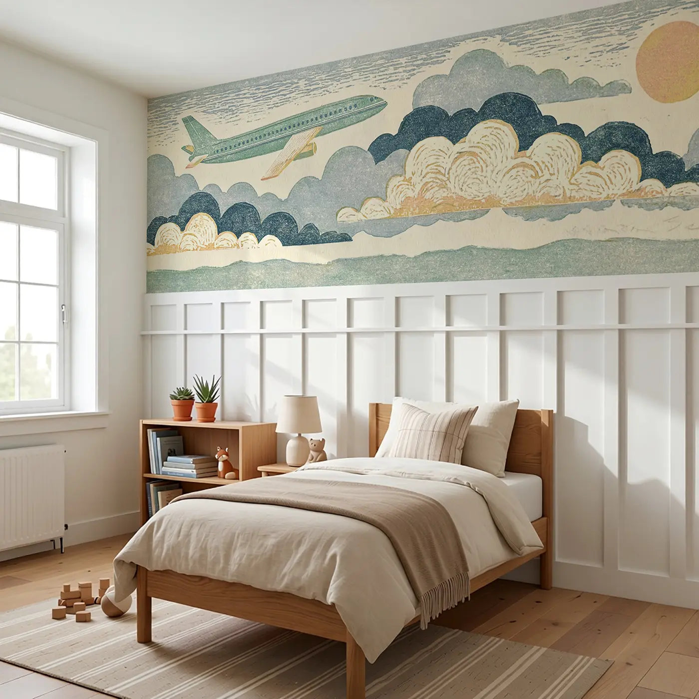 Carved Jet Plane Cloud Wainscoting Wallpaper styled in a kids bedroom by Whimsy Tots
