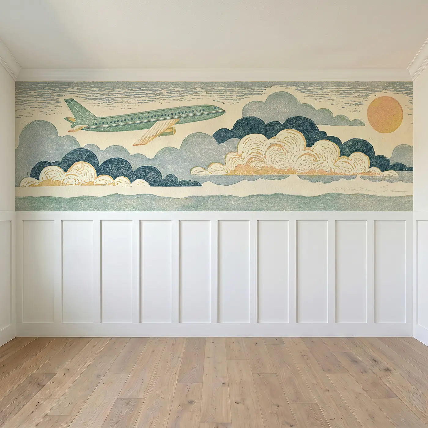 Full panel view of Carved Jet Plane Cloud Wainscoting Wallpaper by Whimsy Tots