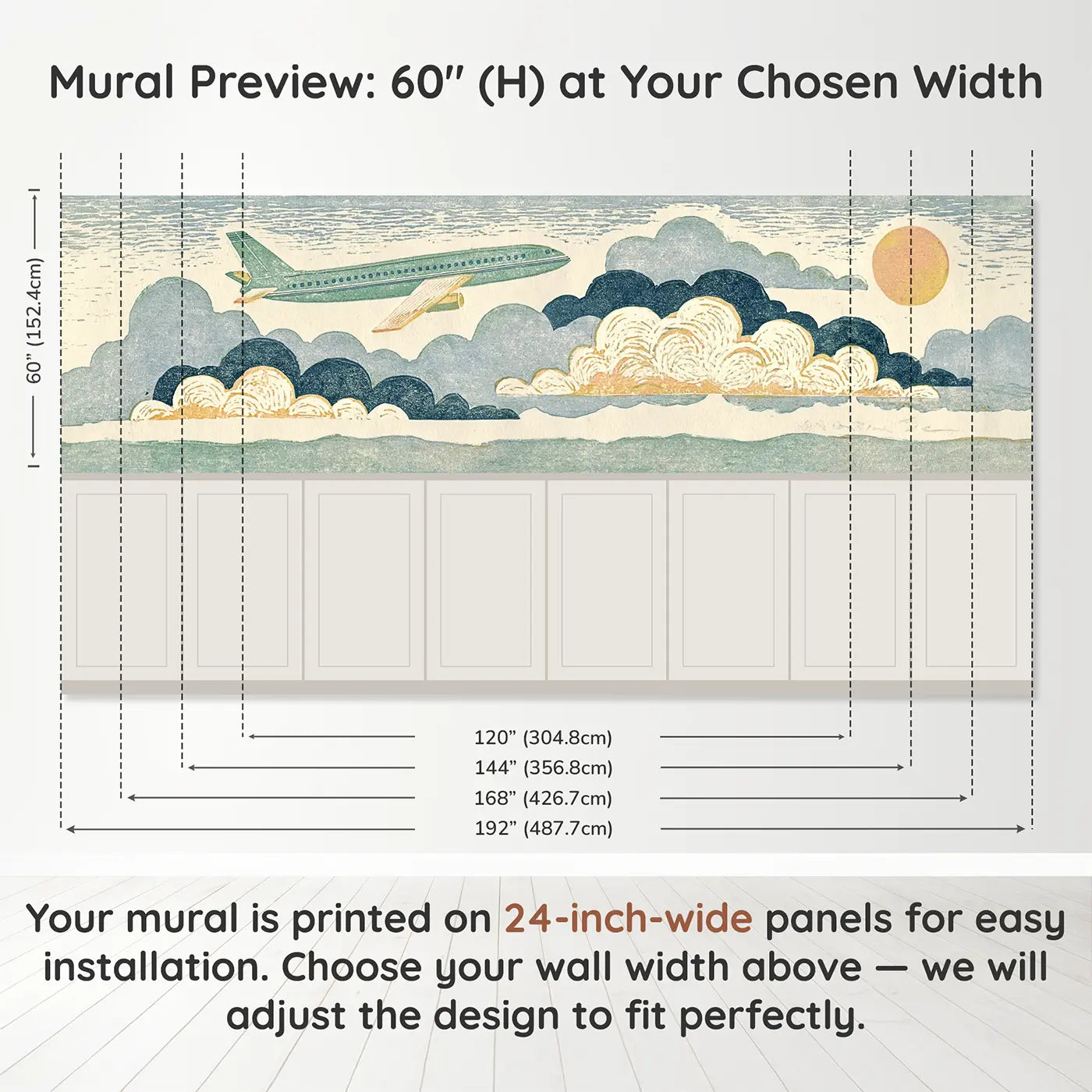 Panel dimensions for Carved Jet Plane Cloud Wainscoting Wallpaper by Whimsy Tots