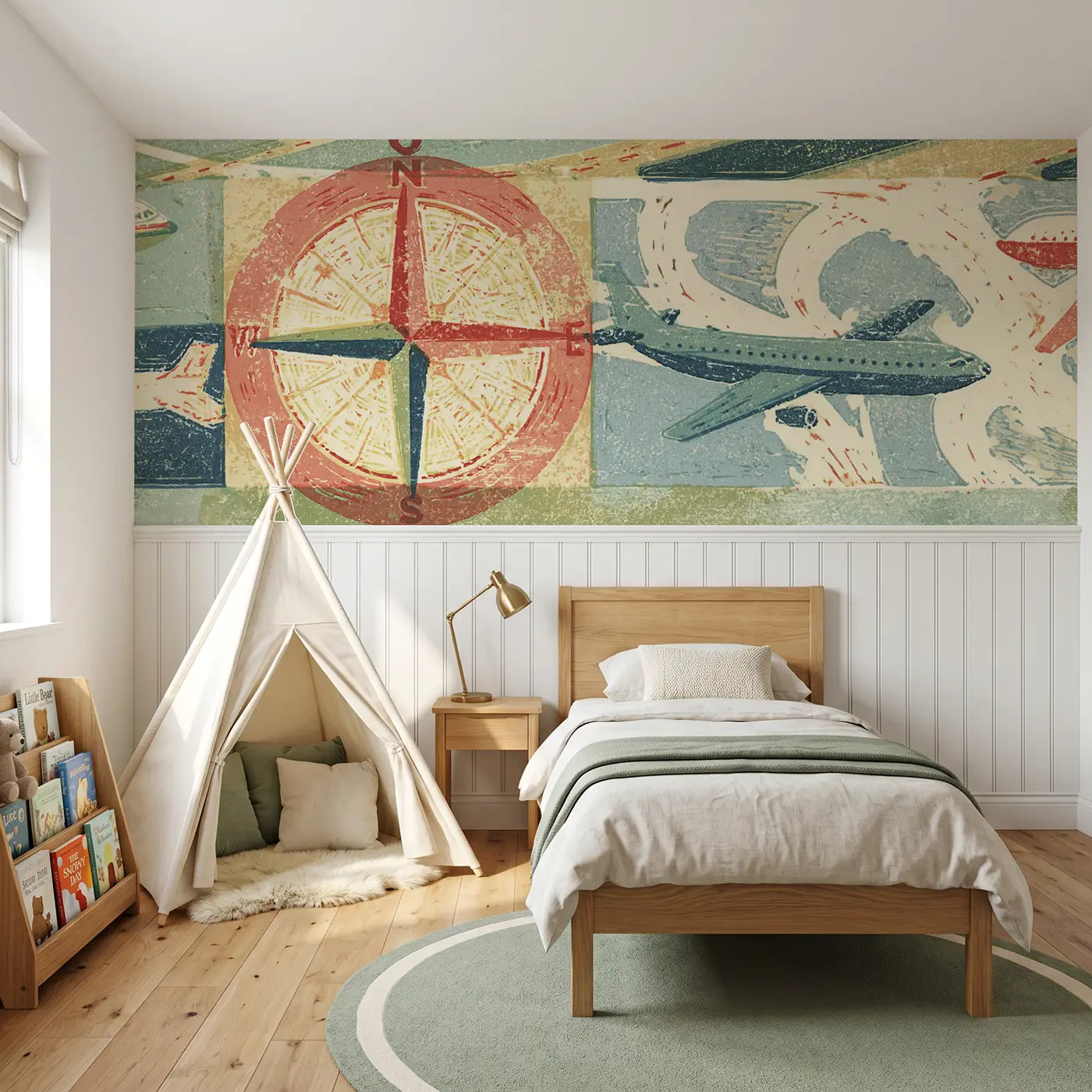 Block Print airport map runway wainscoting wallpaper for bedroom by Whimsy Tots.