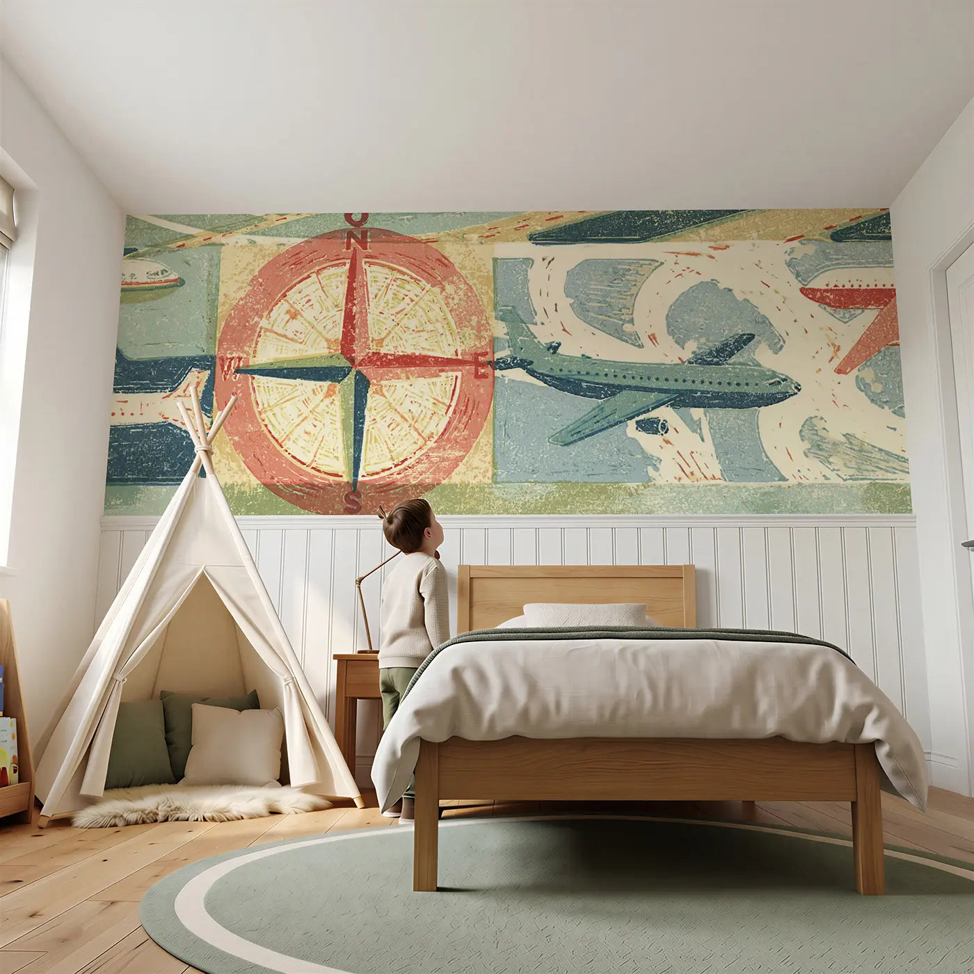 Child reading near Block Print Airport Map Wainscoting Wallpaper by Whimsy Tots