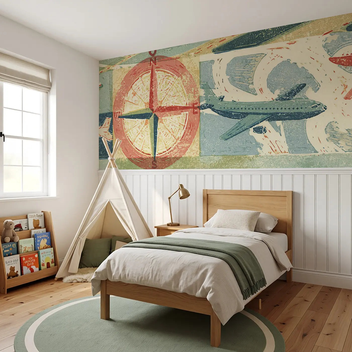 Block Print Airport Map Wainscoting Wallpaper styled in a kids bedroom by Whimsy Tots