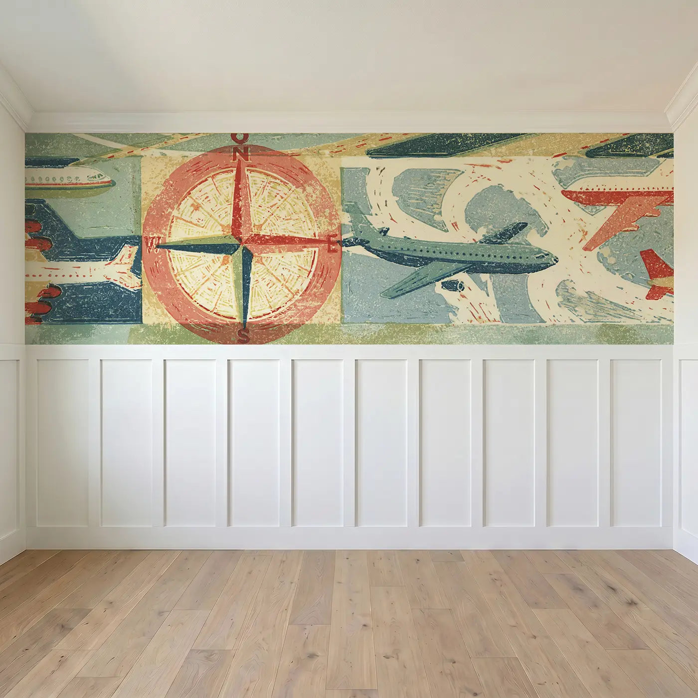 Full panel view of Block Print Airport Map Wainscoting Wallpaper by Whimsy Tots