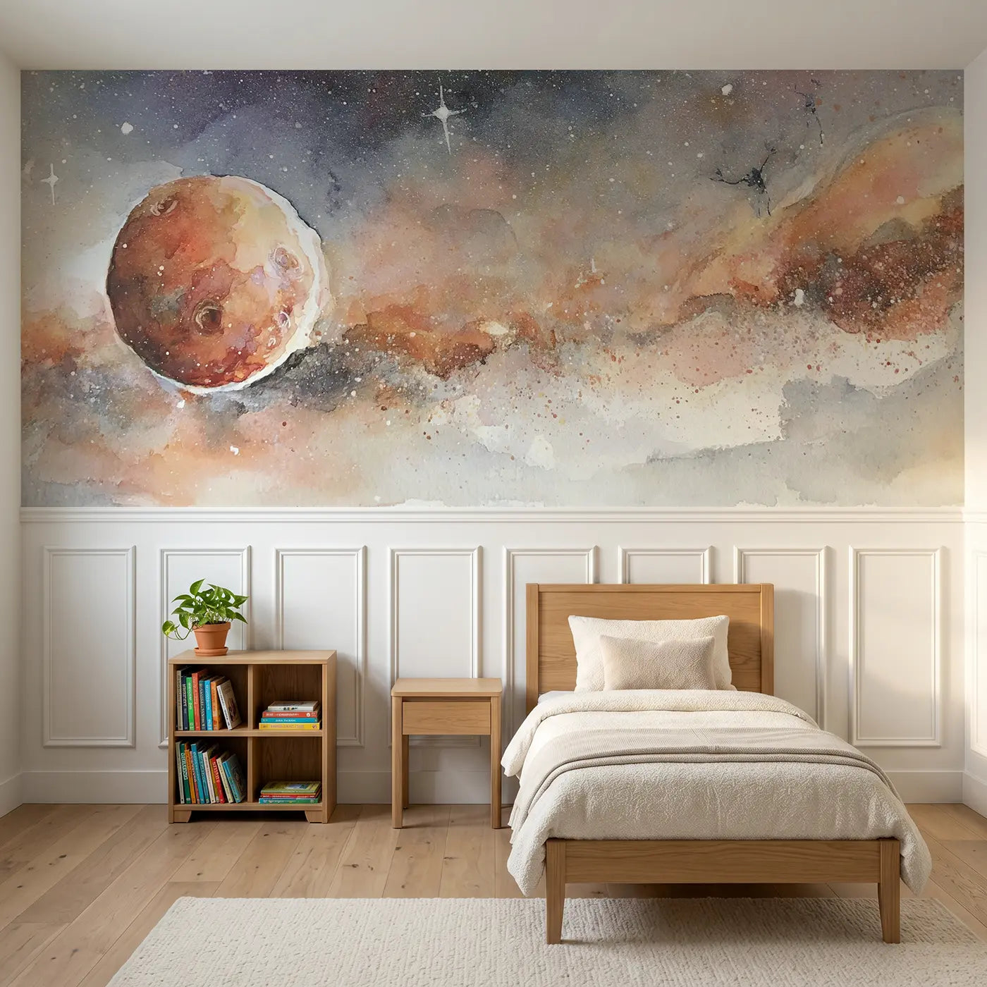 Watercolor mars red planet wainscoting wallpaper for bedroom by Whimsy Tots.