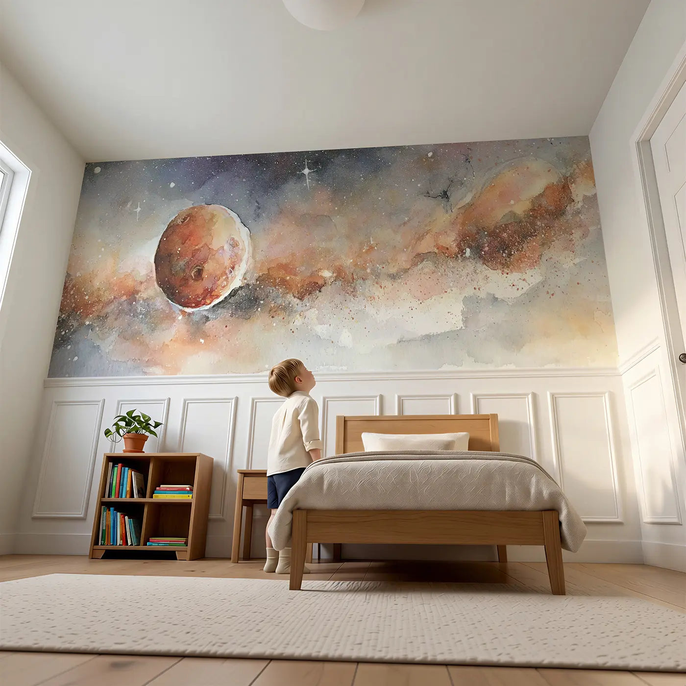 Child reading near Mars Red Planet Soft Wainscoting Wallpaper by Whimsy Tots