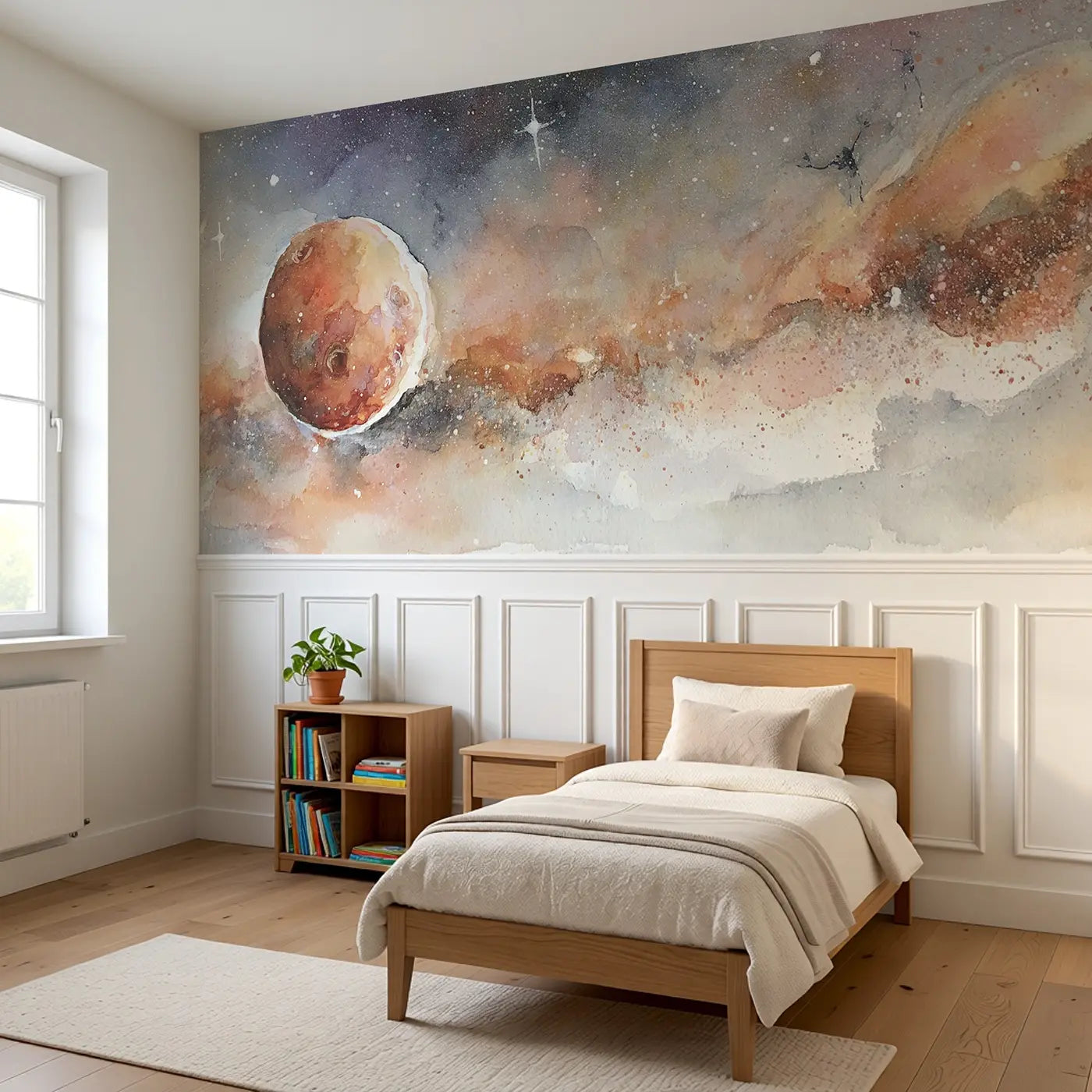 Mars Red Planet Soft Wainscoting Wallpaper styled in a kids bedroom by Whimsy Tots