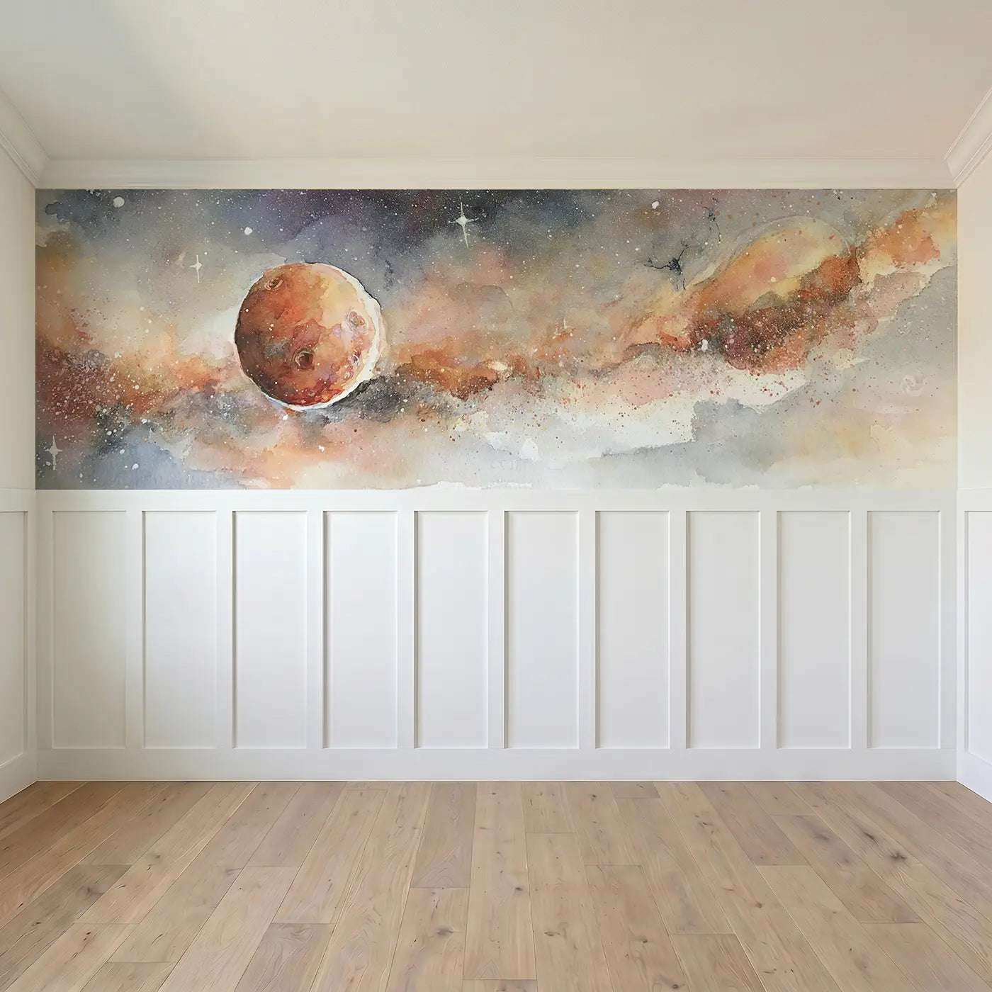Full panel view of Mars Red Planet Soft Wainscoting Wallpaper by Whimsy Tots