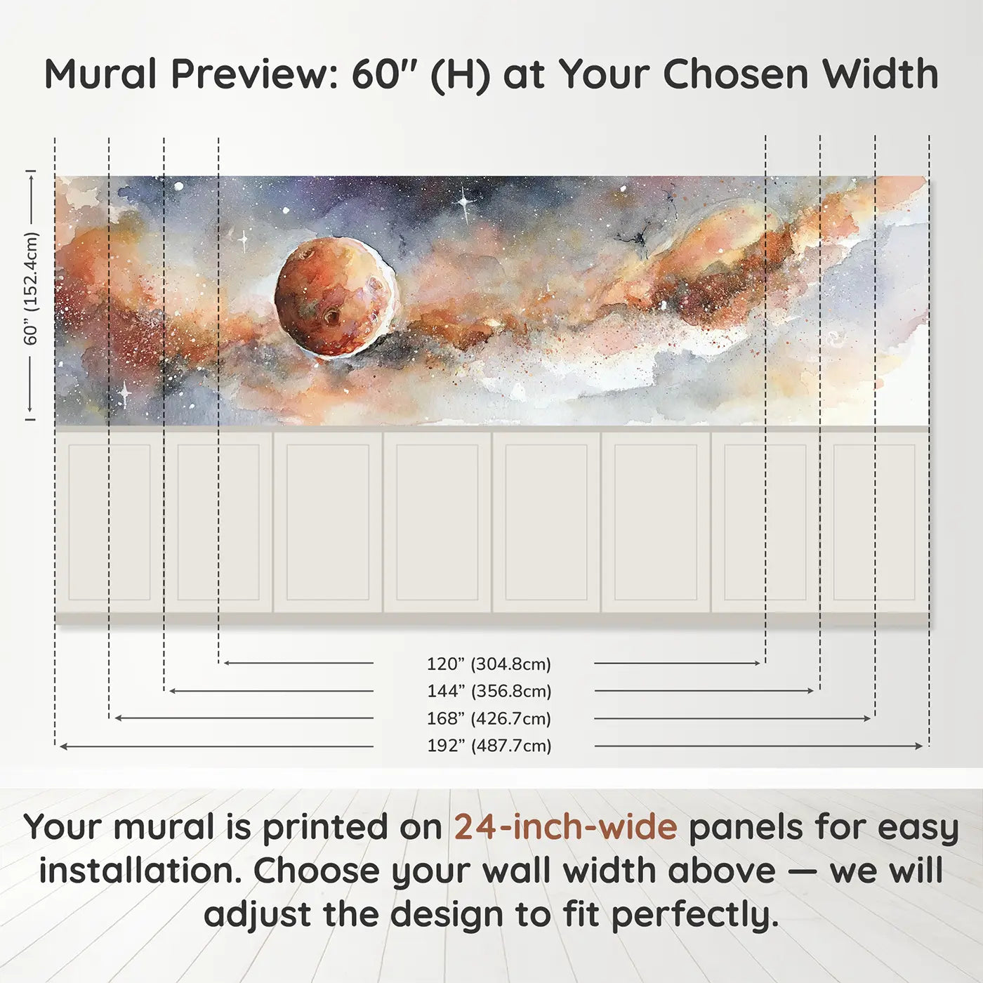 Panel dimensions for Mars Red Planet Soft Wainscoting Wallpaper by Whimsy Tots