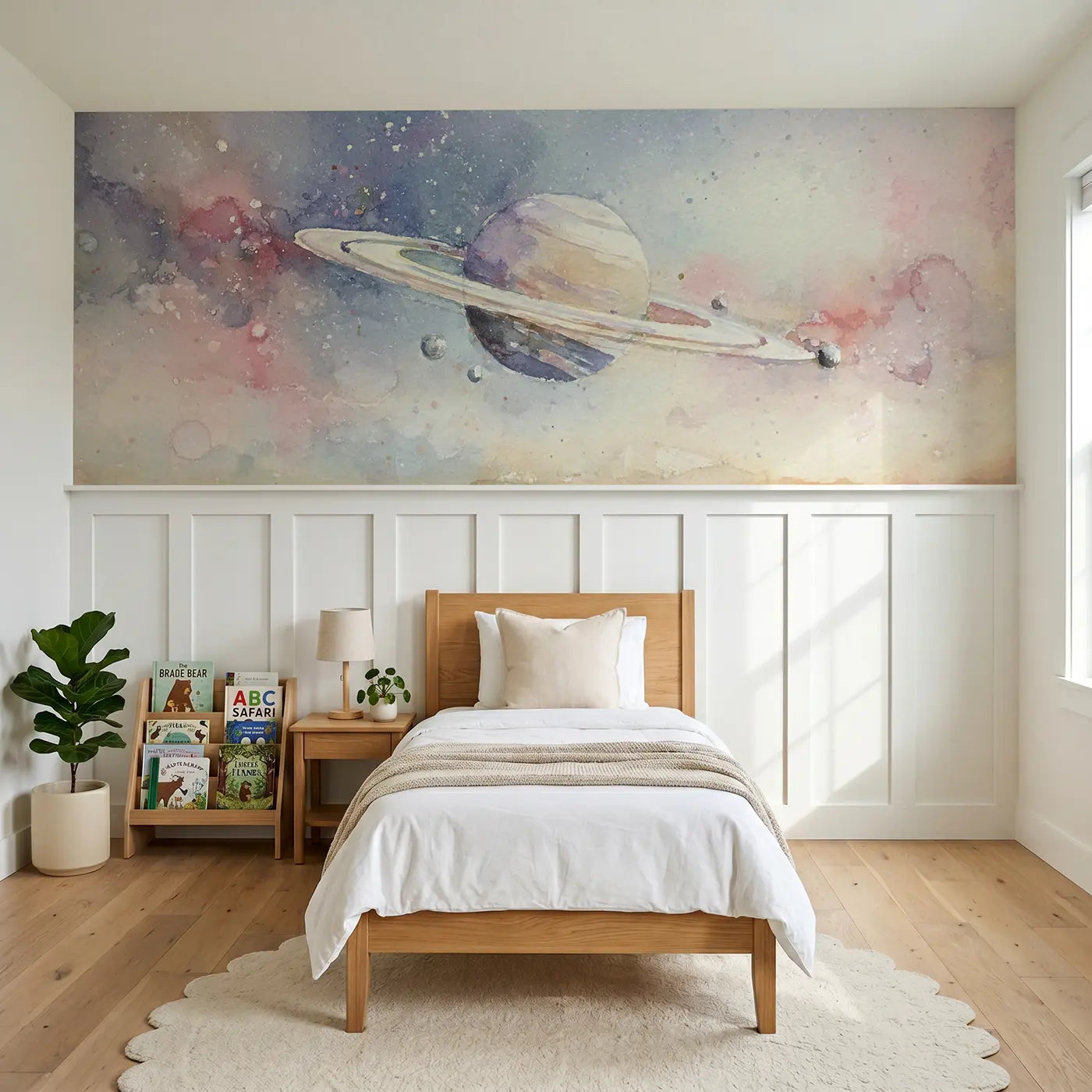 Watercolor saturn ring dance wainscoting wallpaper for bedroom by Whimsy Tots.