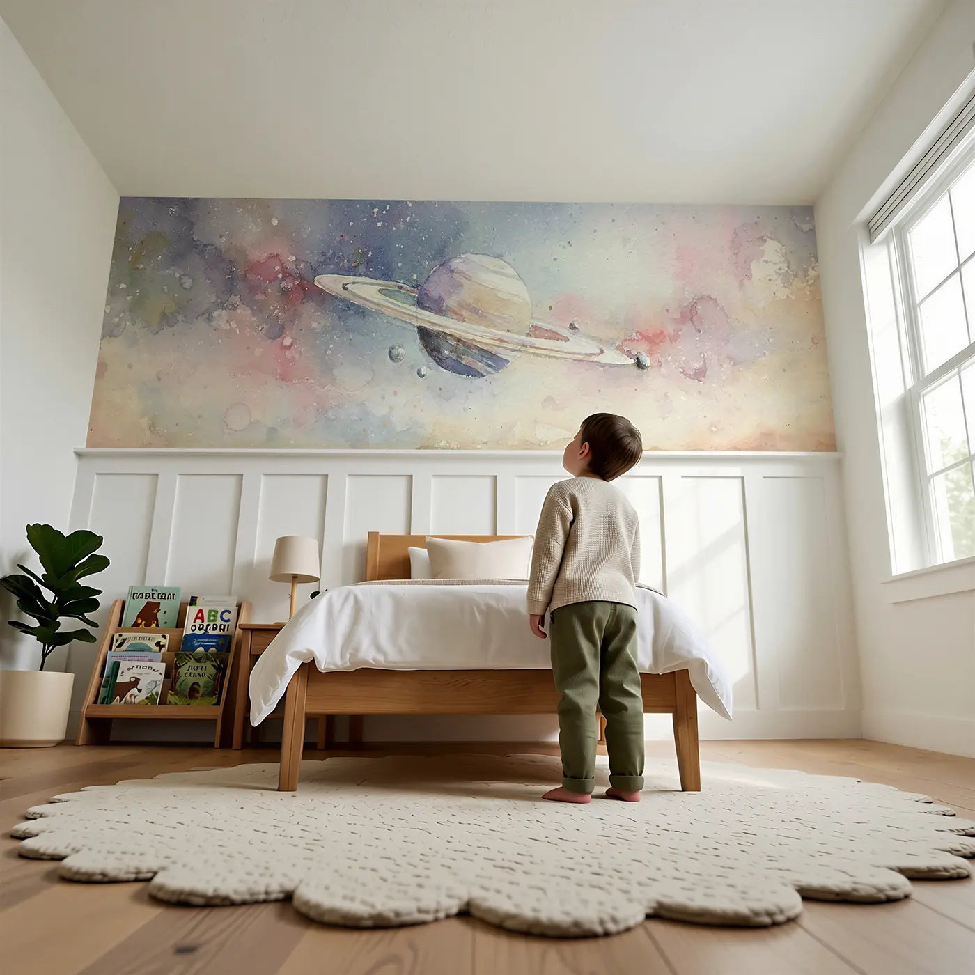 Child reading near Saturn Ring Dance Soft Wainscoting Wallpaper by Whimsy Tots