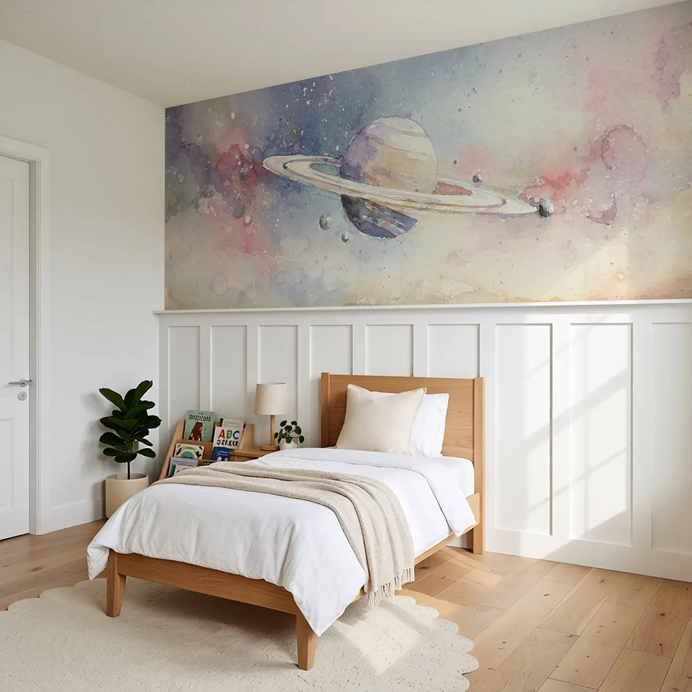 Saturn Ring Dance Soft Wainscoting Wallpaper styled in a kids bedroom by Whimsy Tots