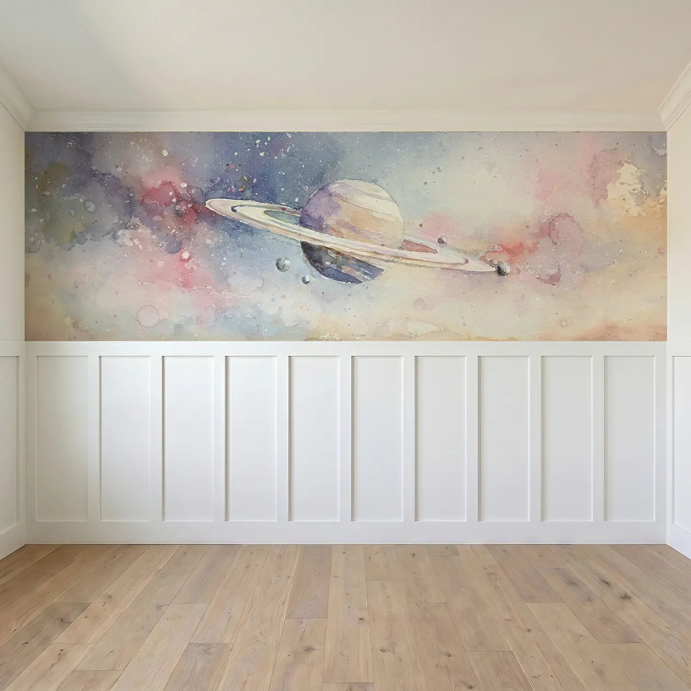 Full panel view of Saturn Ring Dance Soft Wainscoting Wallpaper by Whimsy Tots