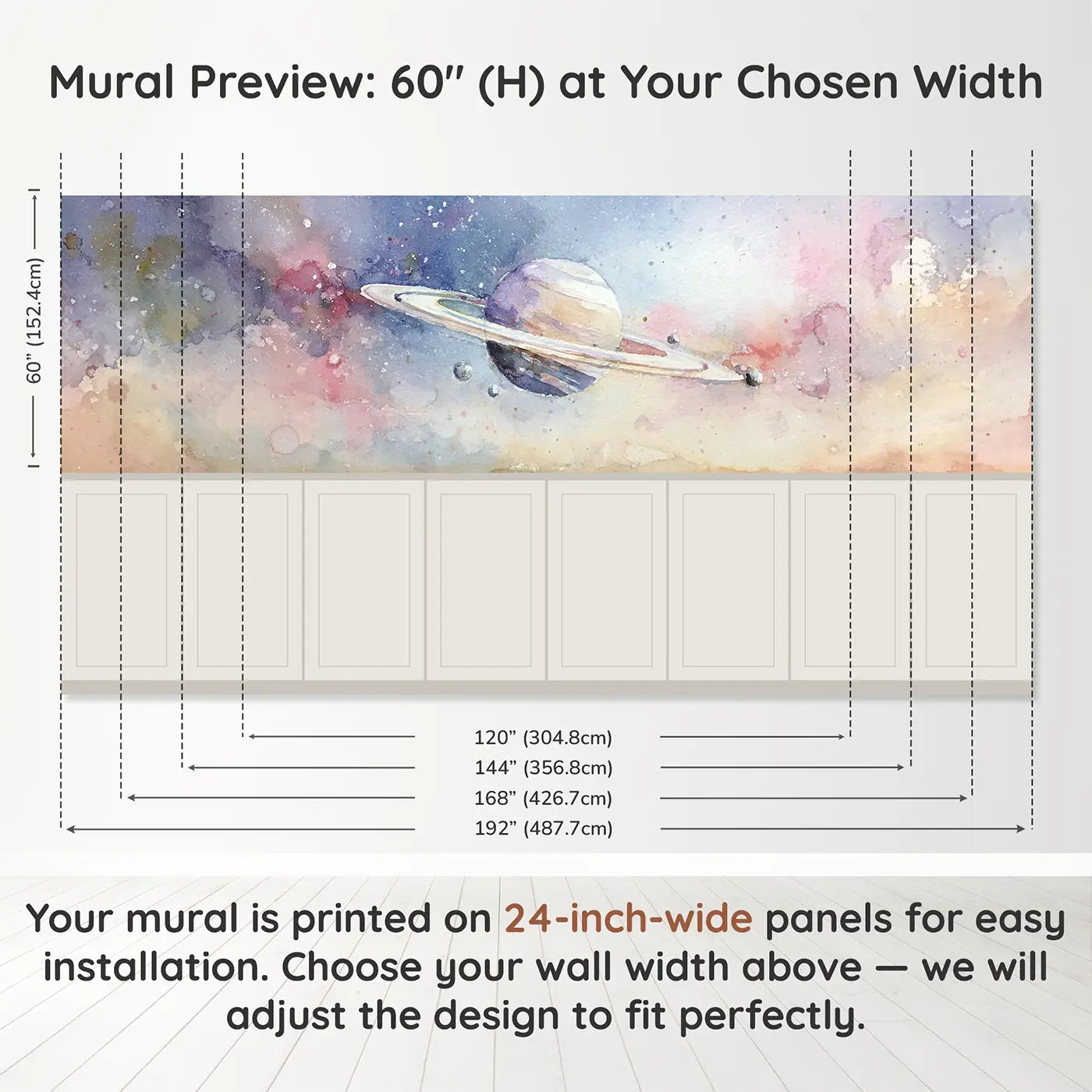 Panel dimensions for Saturn Ring Dance Soft Wainscoting Wallpaper by Whimsy Tots