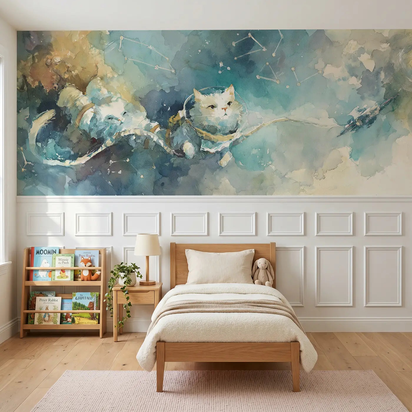 Watercolor astronaut cat space float wainscoting wallpaper for bedroom by Whimsy Tots.