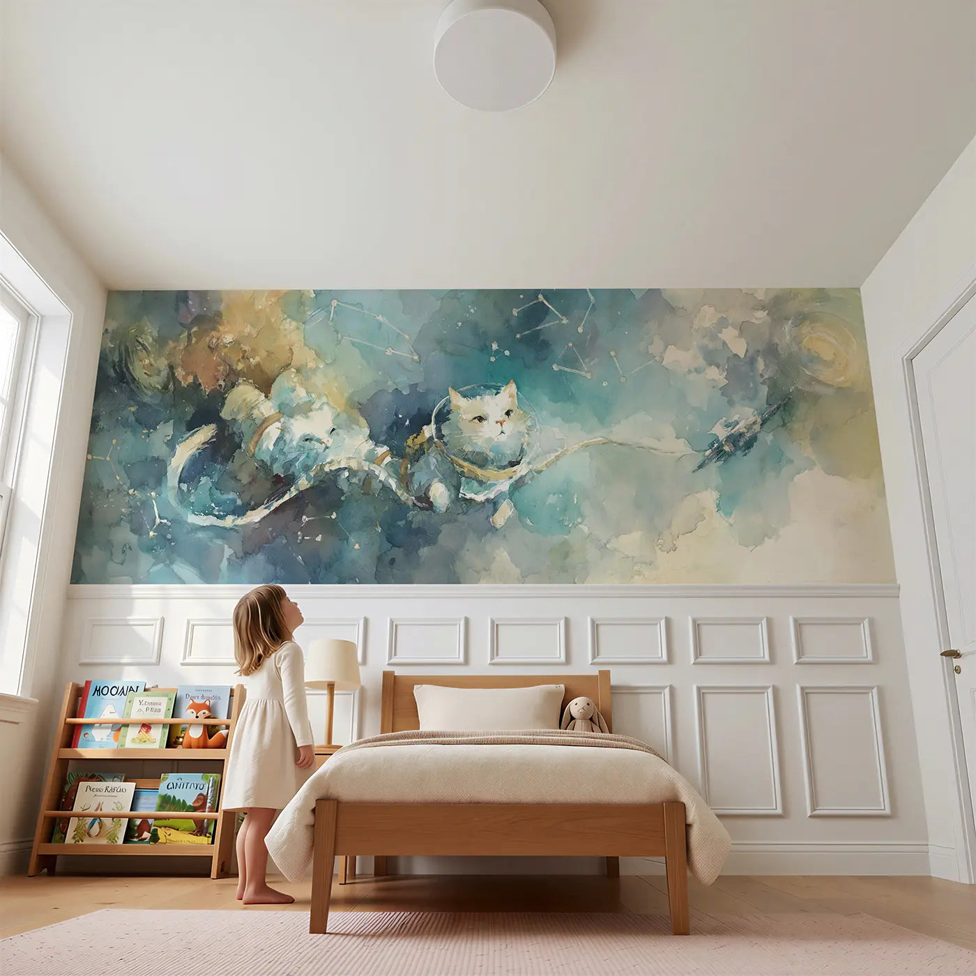 Child reading near Astronaut Cat Space Float Wainscoting Wallpaper by Whimsy Tots
