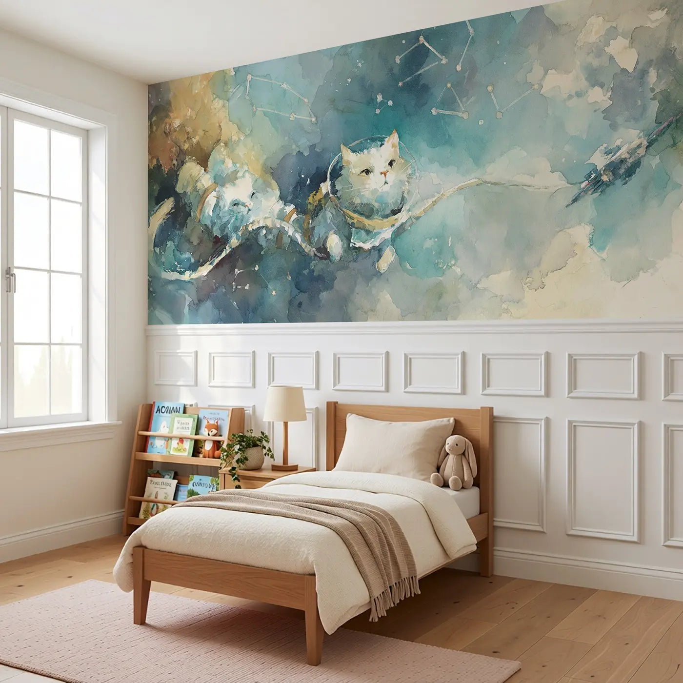 Astronaut Cat Space Float Wainscoting Wallpaper styled in a kids bedroom by Whimsy Tots