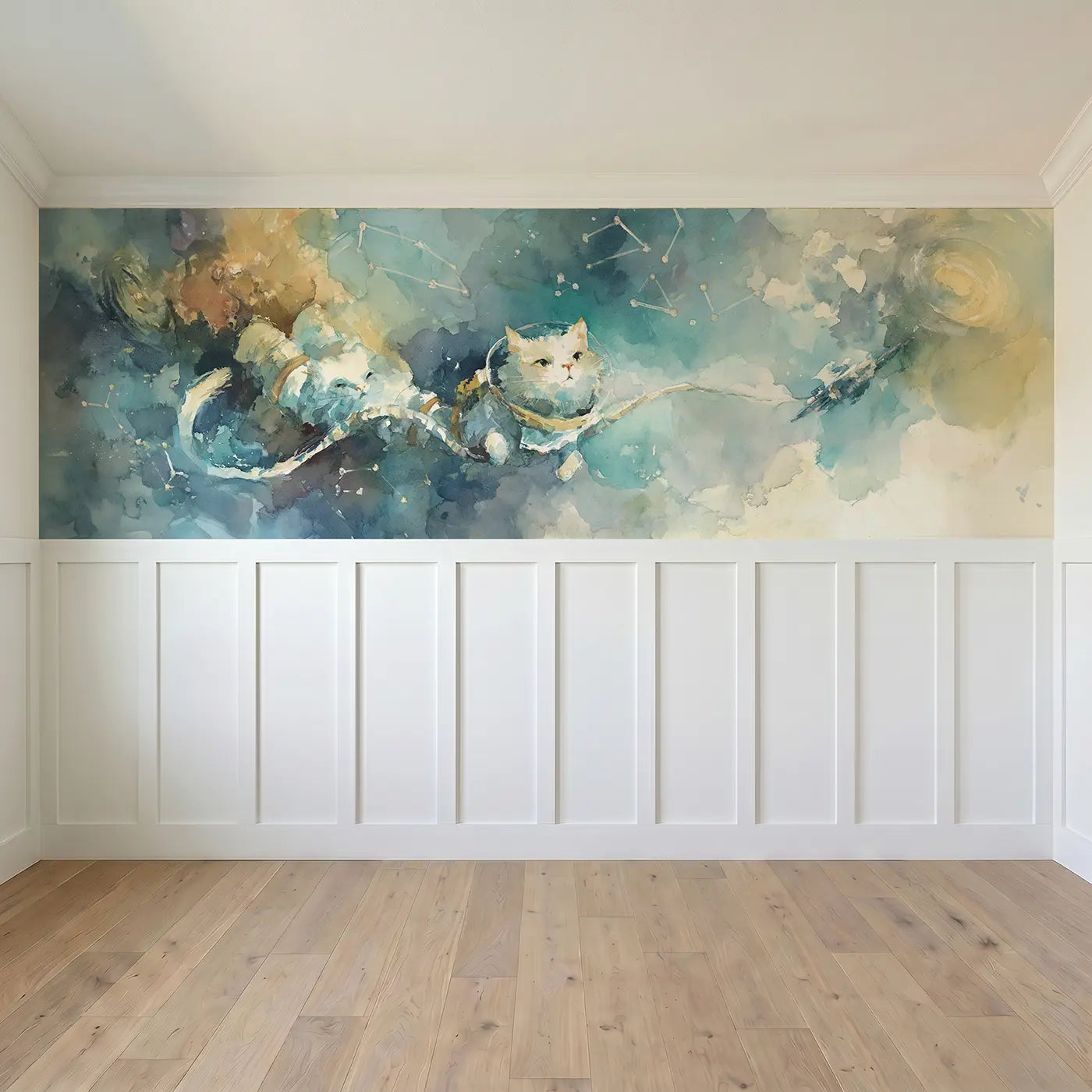 Full panel view of Astronaut Cat Space Float Wainscoting Wallpaper by Whimsy Tots
