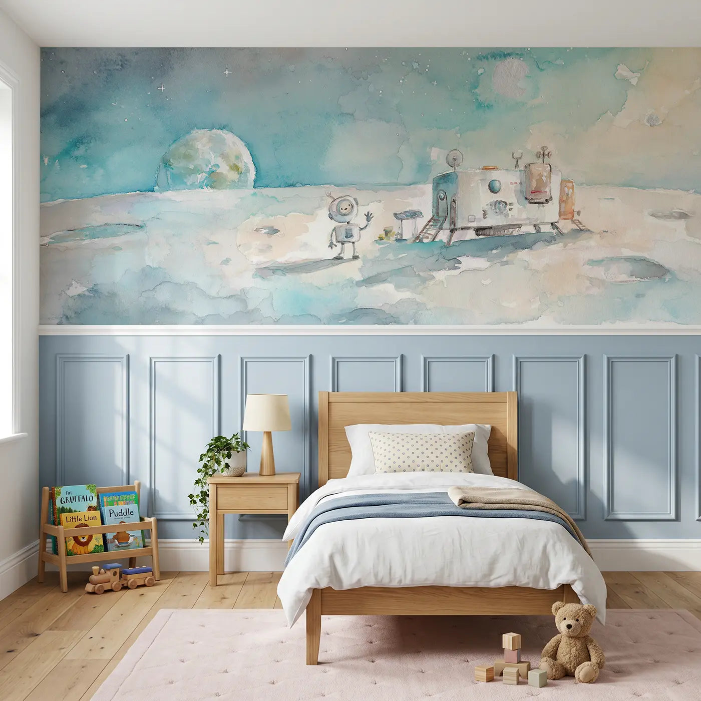 Watercolor moon base friendly robot wainscoting wallpaper for bedroom by Whimsy Tots.