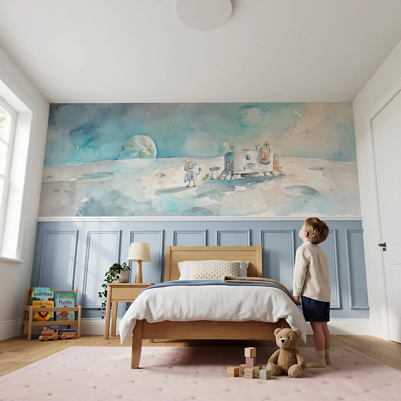 Child reading near Moon Base Friendly Robot Wainscoting Wallpaper by Whimsy Tots