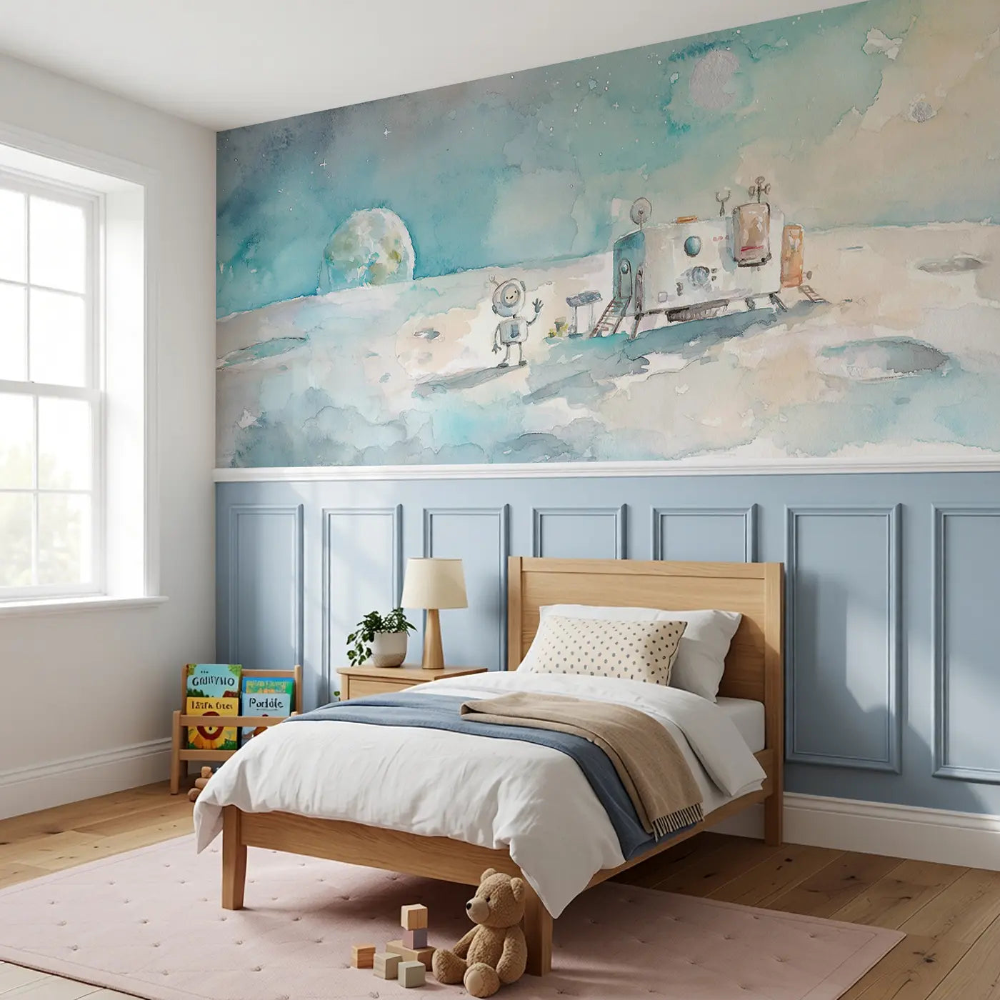 Moon Base Friendly Robot Wainscoting Wallpaper styled in a kids bedroom by Whimsy Tots