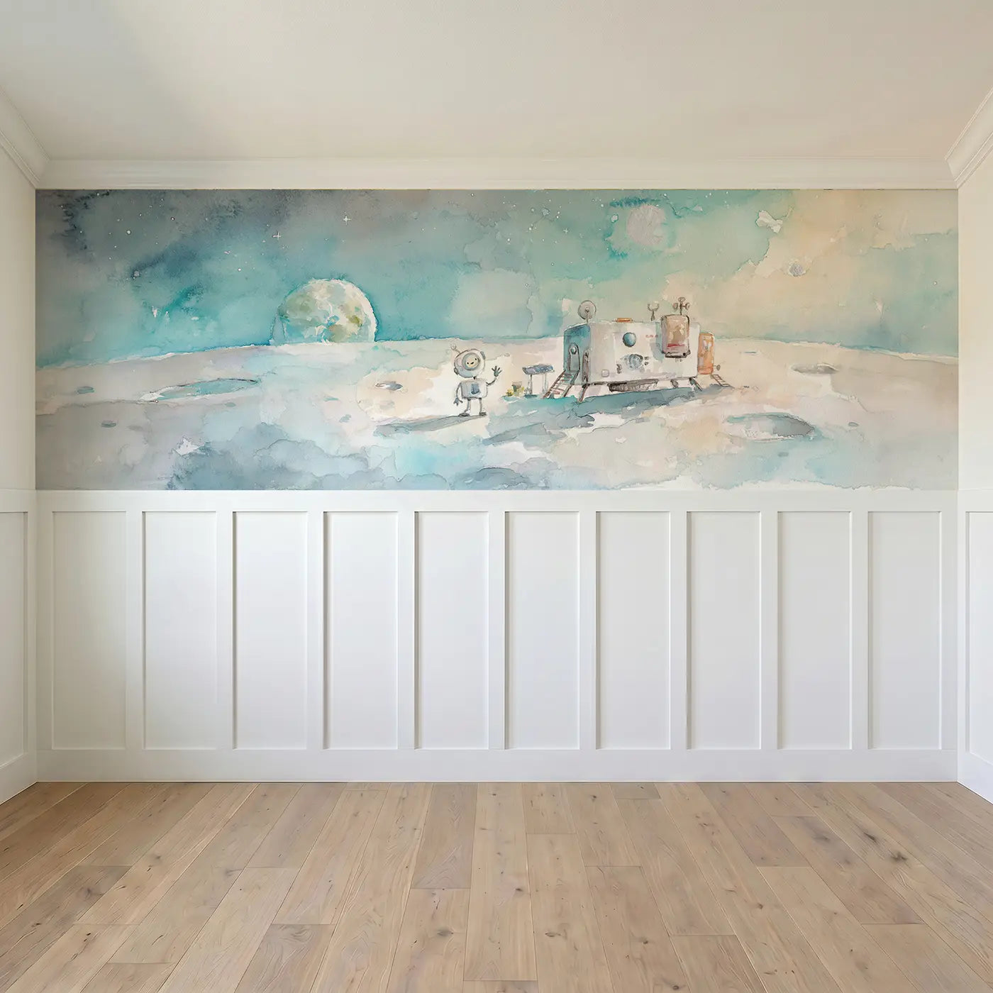 Full panel view of Moon Base Friendly Robot Wainscoting Wallpaper by Whimsy Tots