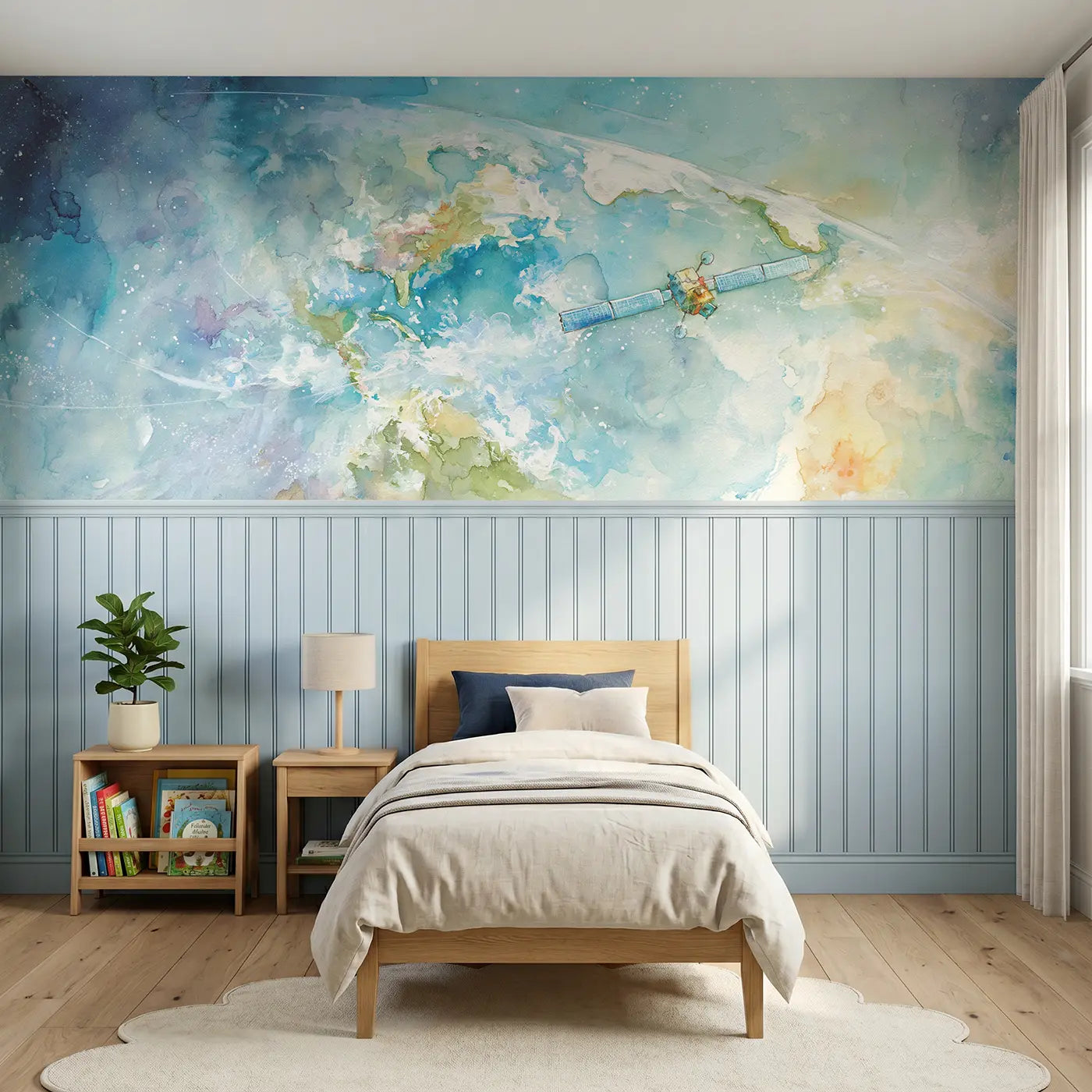 Watercolor satellite earth orbit wainscoting wallpaper for bedroom by Whimsy Tots.