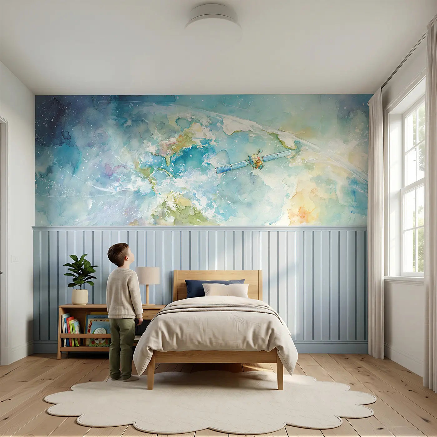 Child reading near Satellite Earth Orbit Gentle Wainscoting Wallpaper by Whimsy Tots
