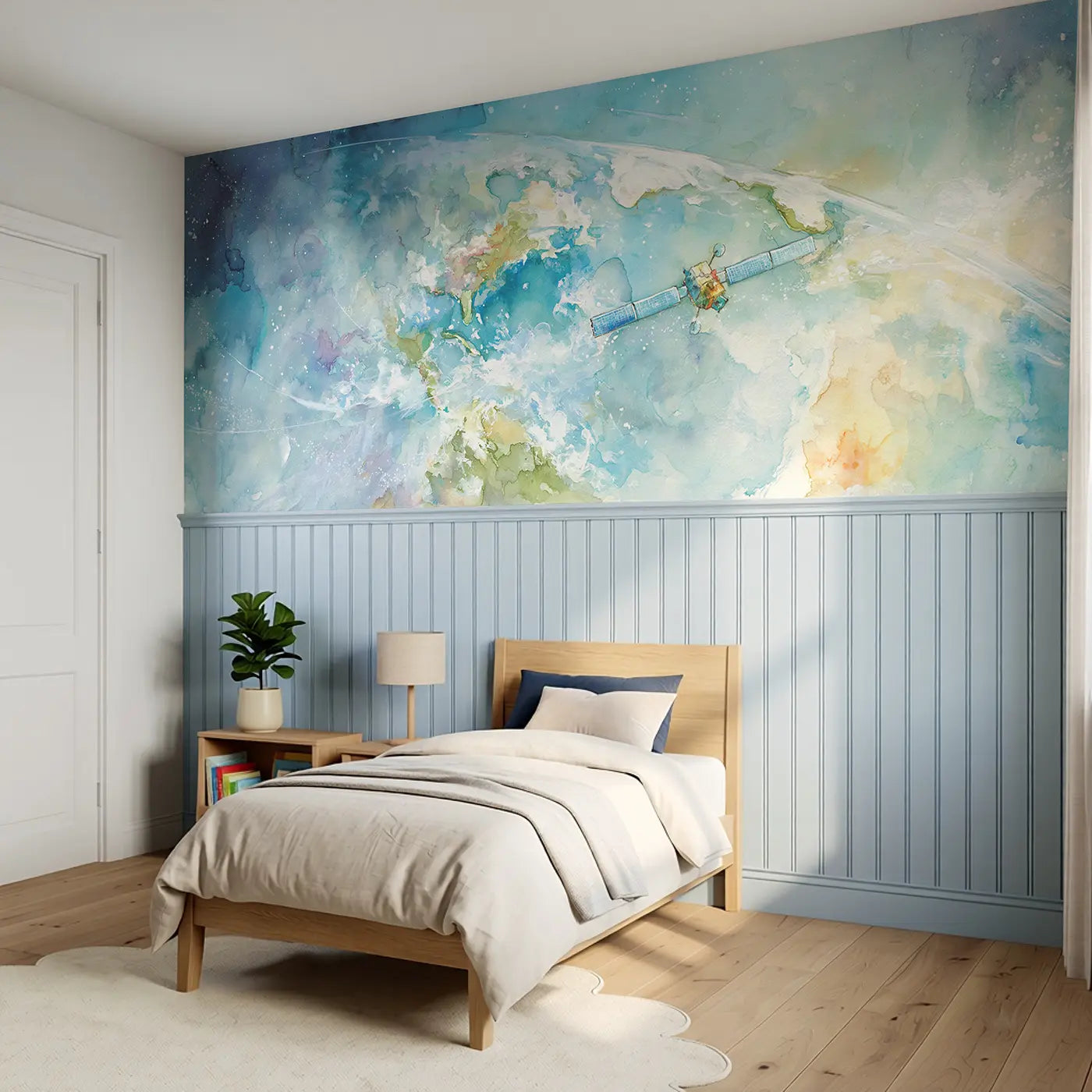 Satellite Earth Orbit Gentle Wainscoting Wallpaper styled in a kids bedroom by Whimsy Tots