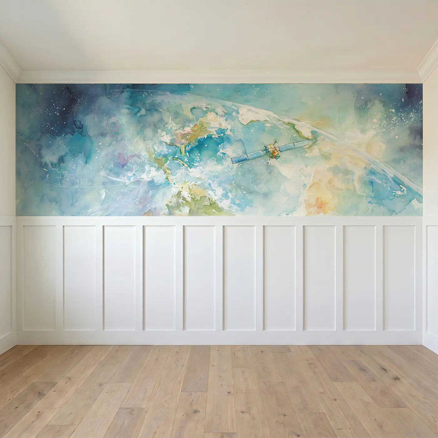 Full panel view of Satellite Earth Orbit Gentle Wainscoting Wallpaper by Whimsy Tots