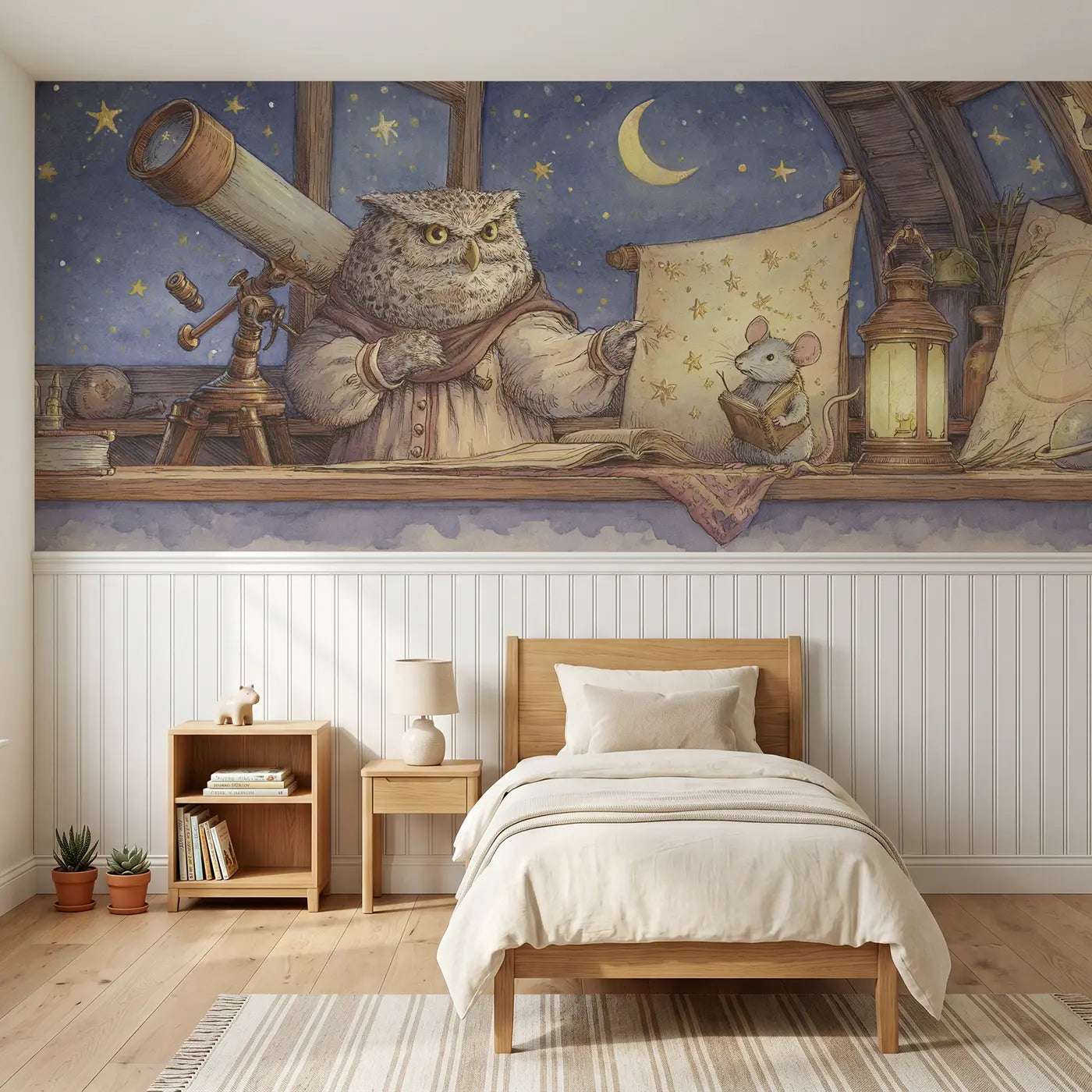Storybook owl observatory star chart wainscoting wallpaper for bedroom by Whimsy Tots.