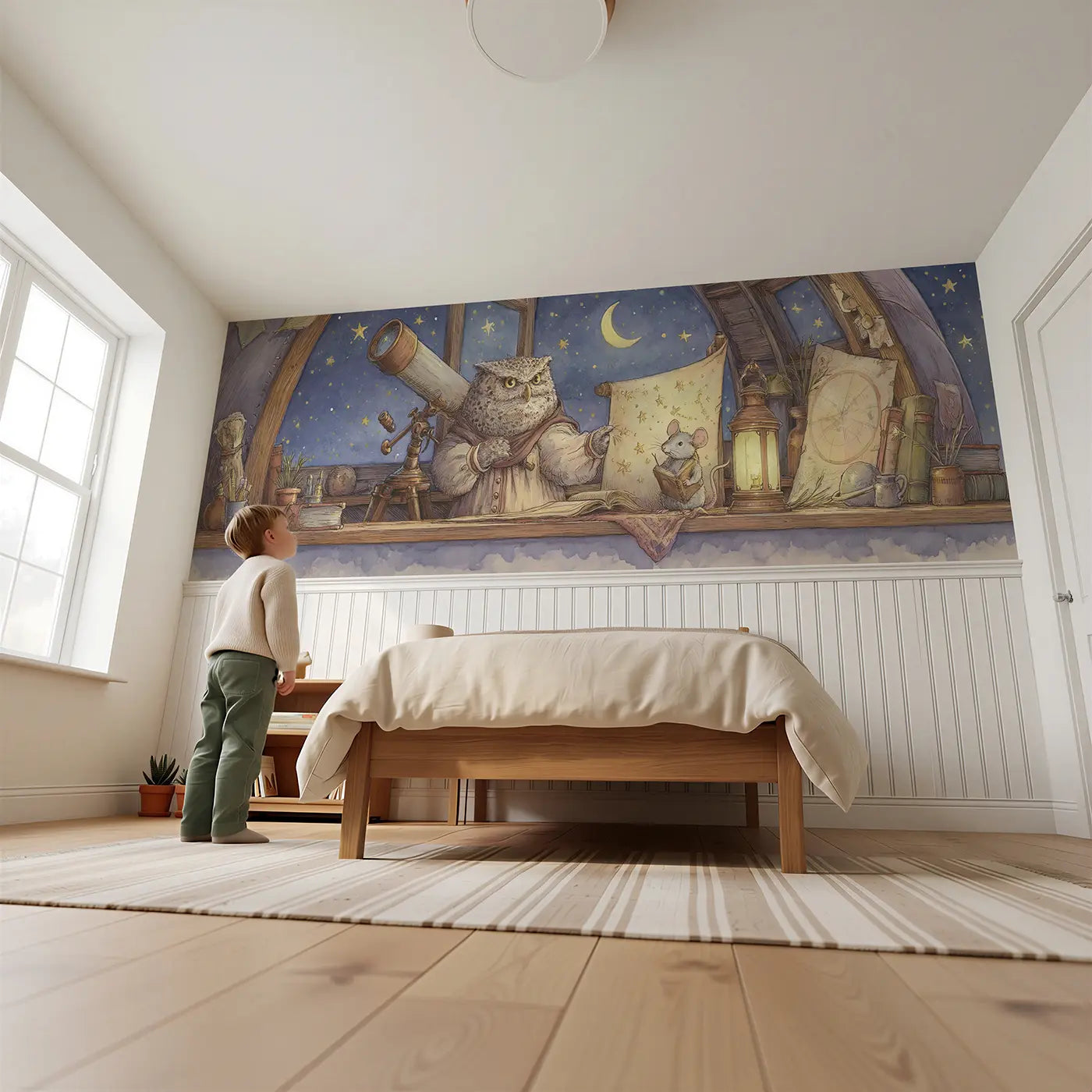 Child reading near Owl Observatory Star Chart Wainscoting Wallpaper by Whimsy Tots