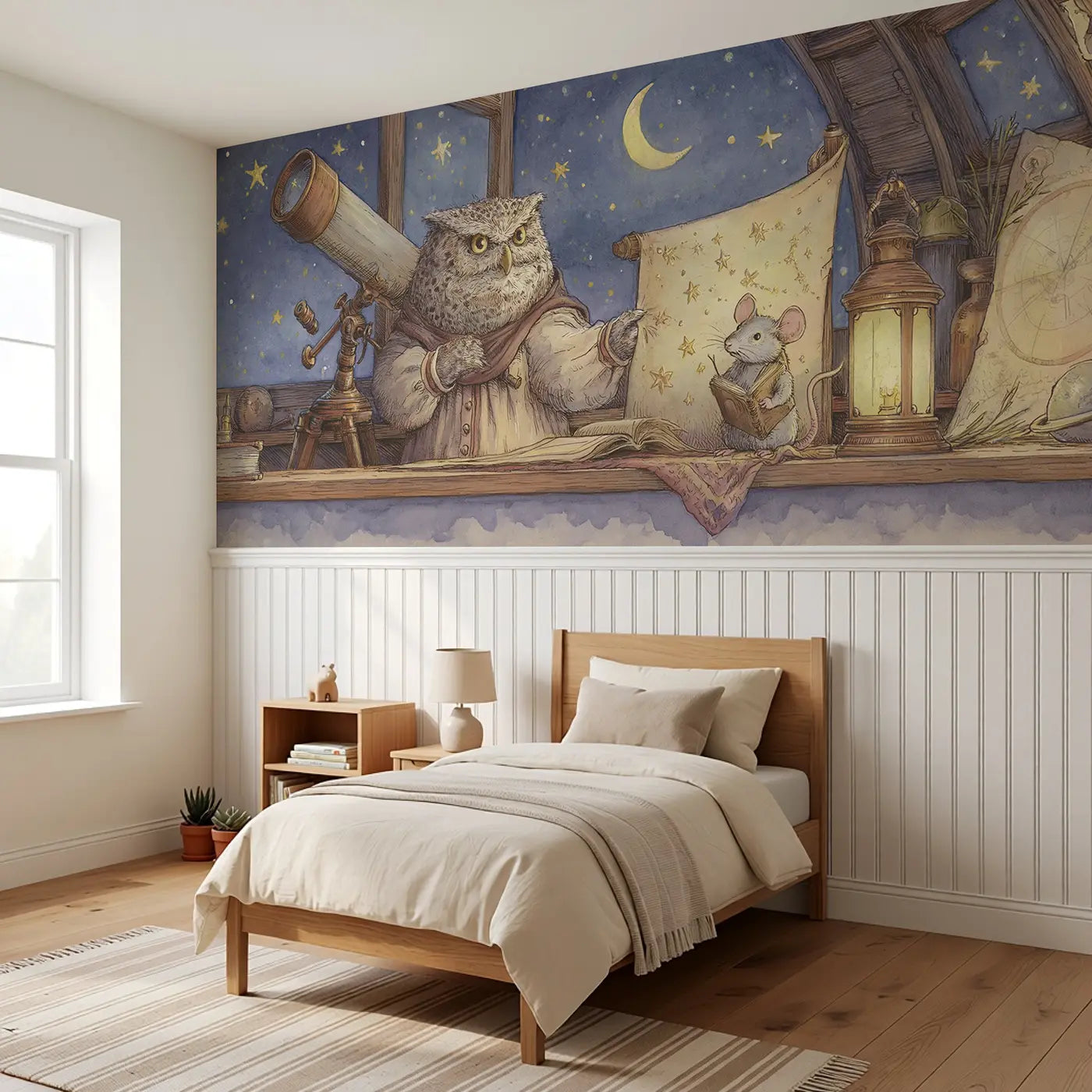 Owl Observatory Star Chart Wainscoting Wallpaper styled in a kids bedroom by Whimsy Tots