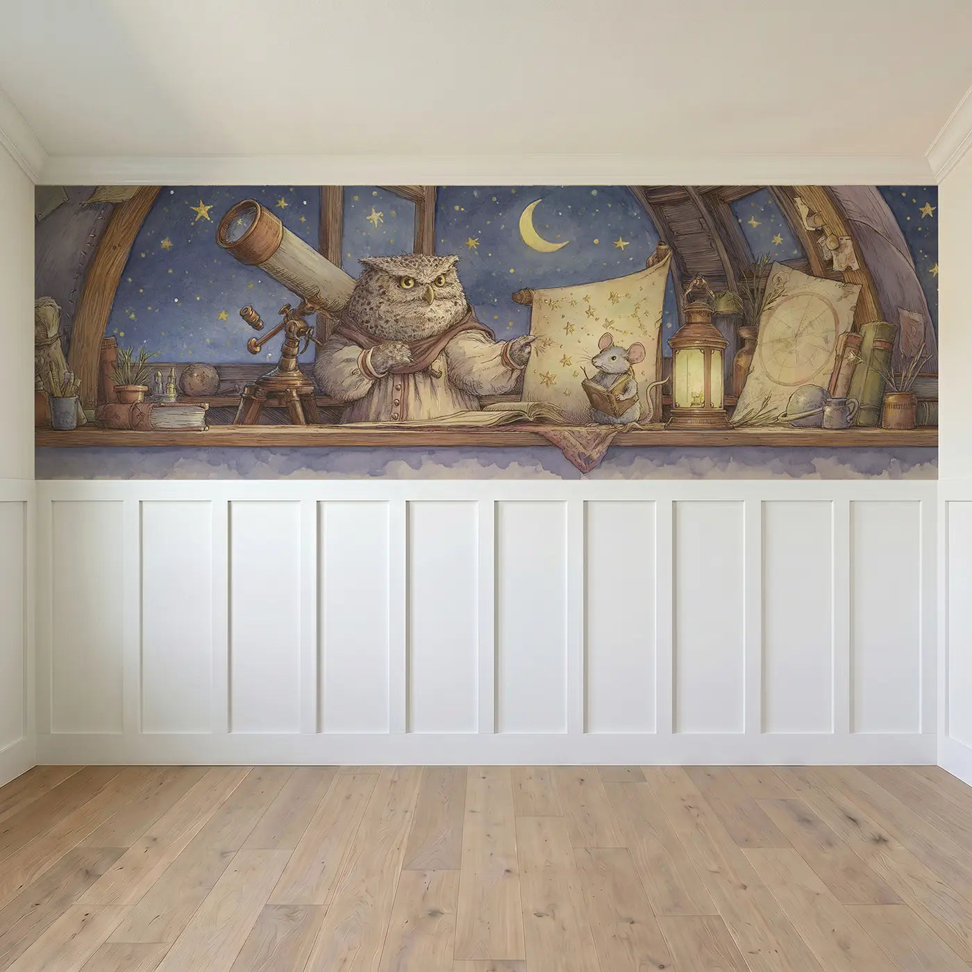 Full panel view of Owl Observatory Star Chart Wainscoting Wallpaper by Whimsy Tots