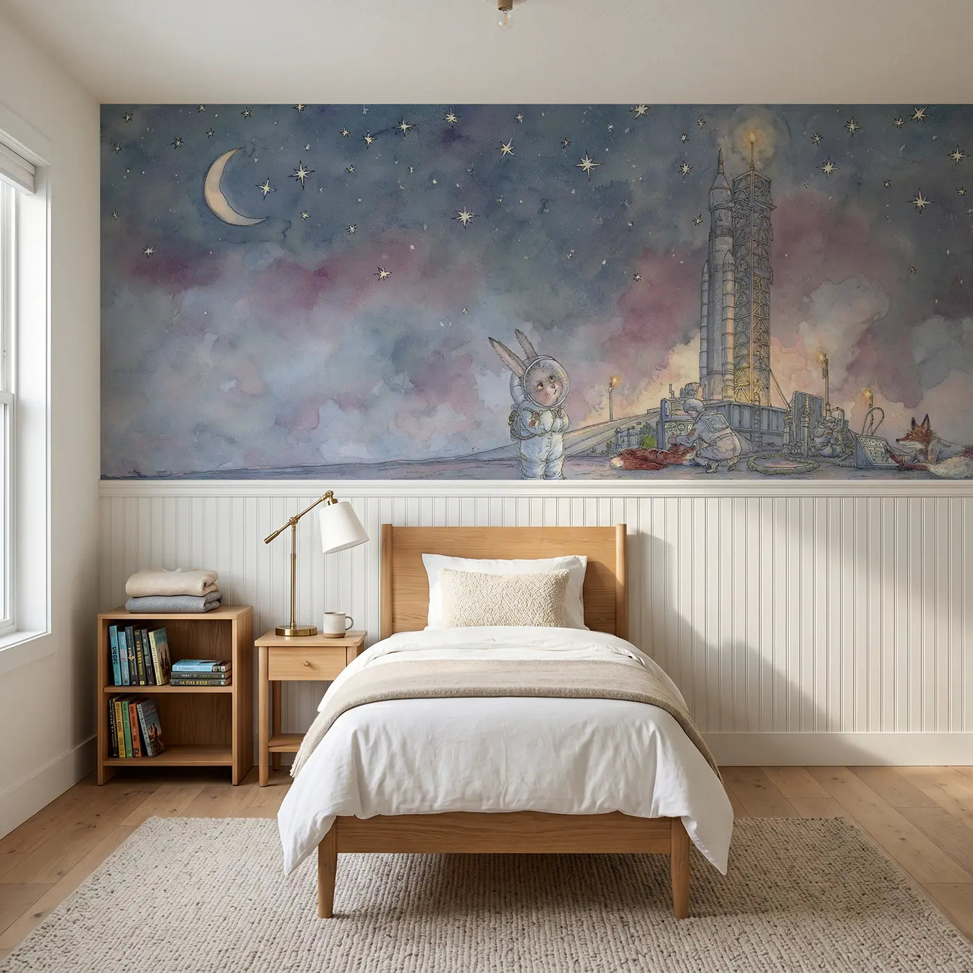 Storybook rabbit rocket launch pad wainscoting wallpaper for bedroom by Whimsy Tots.