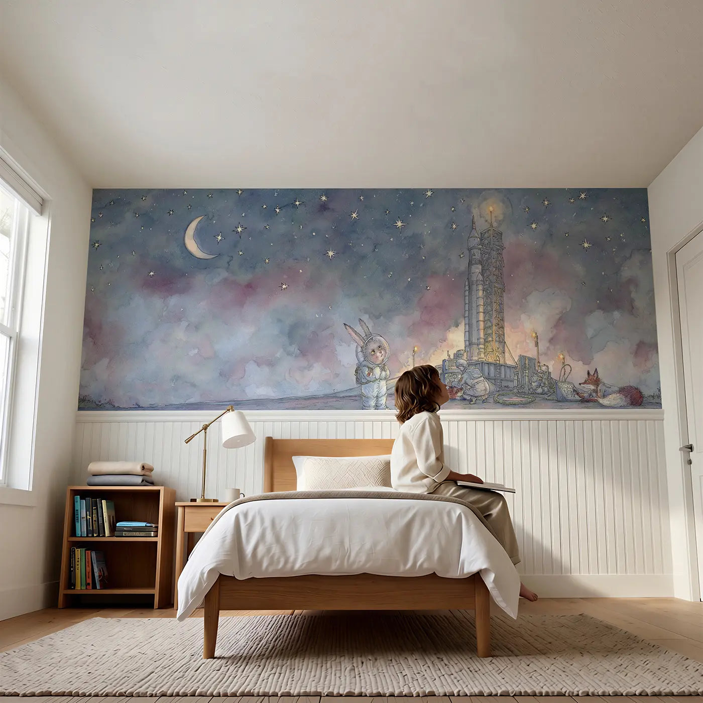 Child reading near Rabbit Rocket Launch Pad Wainscoting Wallpaper by Whimsy Tots