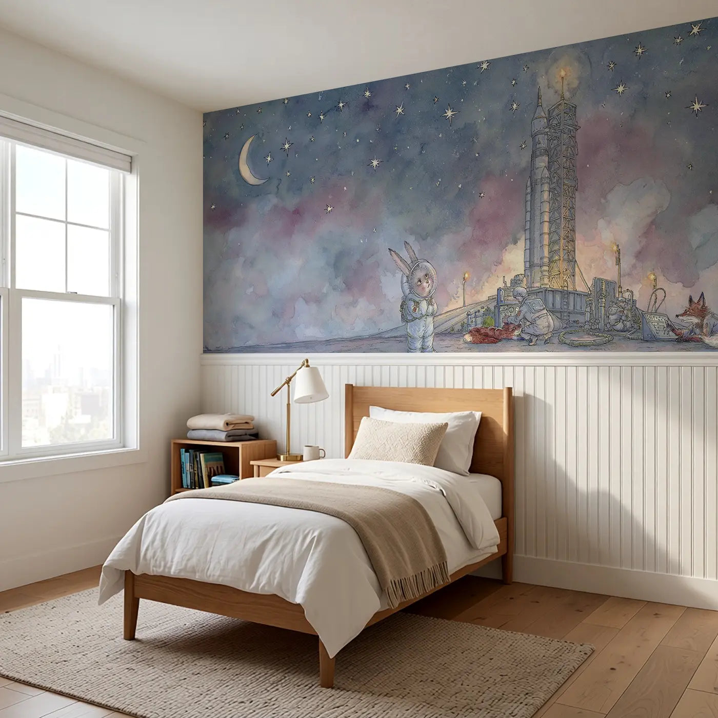 Rabbit Rocket Launch Pad Wainscoting Wallpaper styled in a kids bedroom by Whimsy Tots