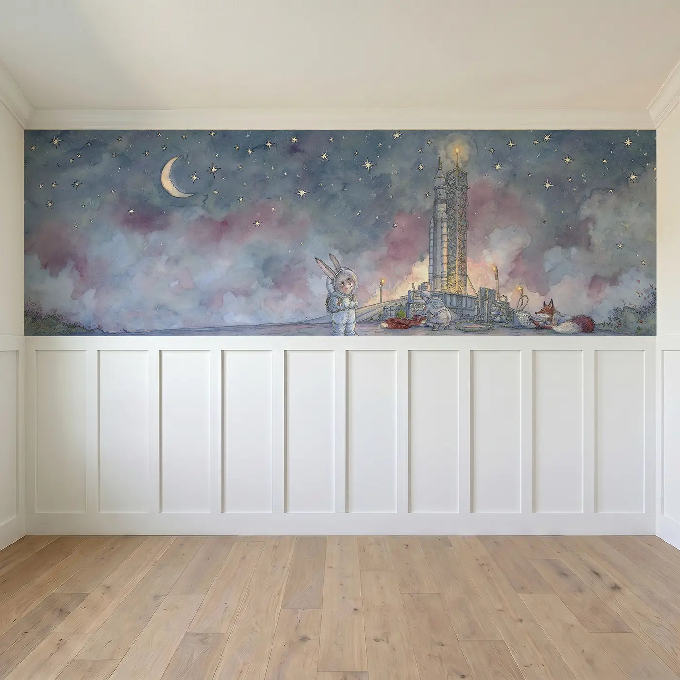 Full panel view of Rabbit Rocket Launch Pad Wainscoting Wallpaper by Whimsy Tots