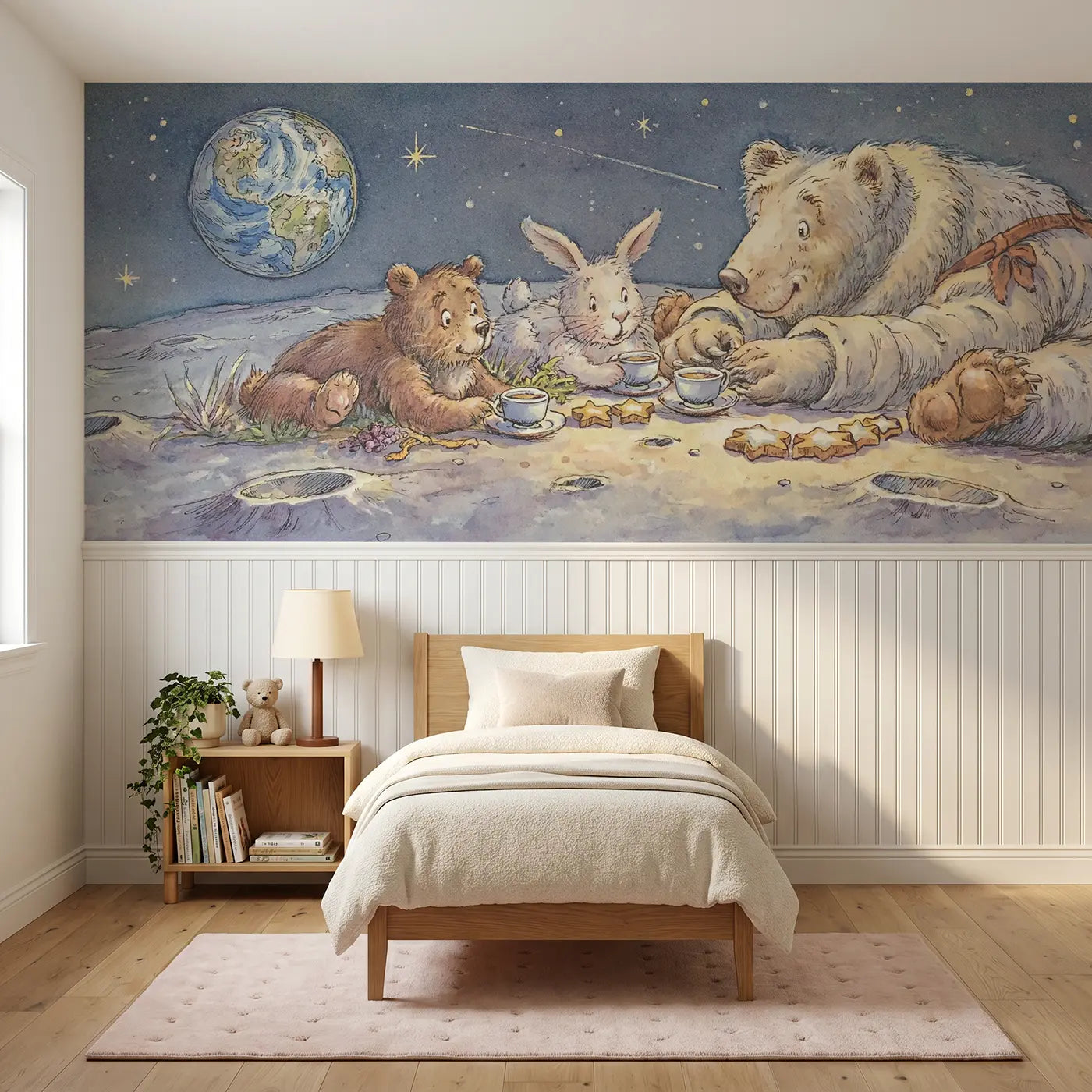 Storybook moon garden tea visit wainscoting wallpaper for bedroom by Whimsy Tots.