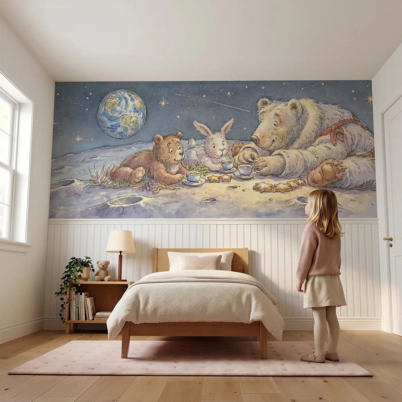 Child reading near Moon Garden Tea Visit Wainscoting Wallpaper by Whimsy Tots