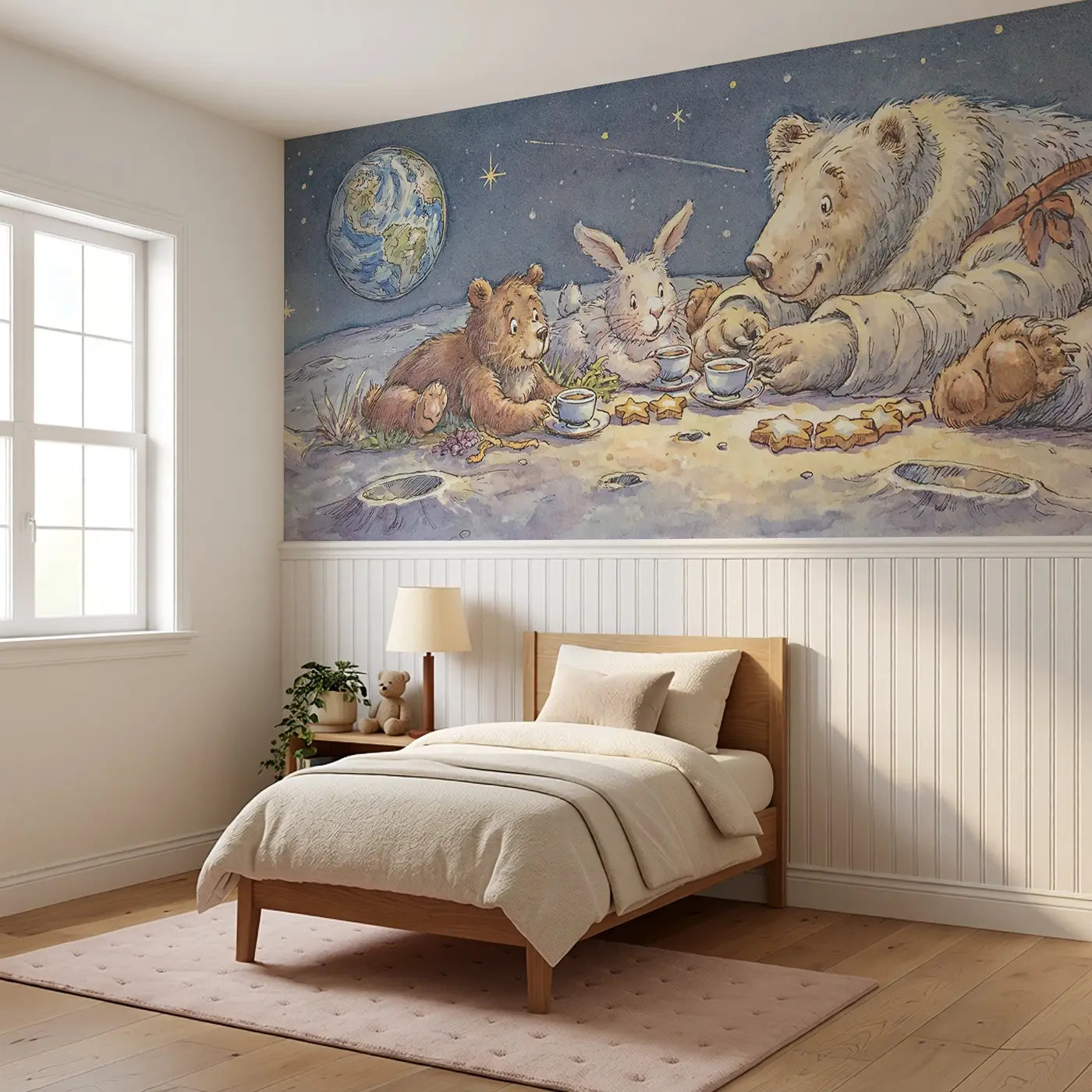 Moon Garden Tea Visit Wainscoting Wallpaper styled in a kids bedroom by Whimsy Tots