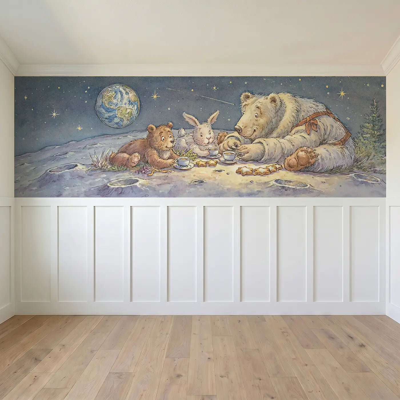 Full panel view of Moon Garden Tea Visit Wainscoting Wallpaper by Whimsy Tots
