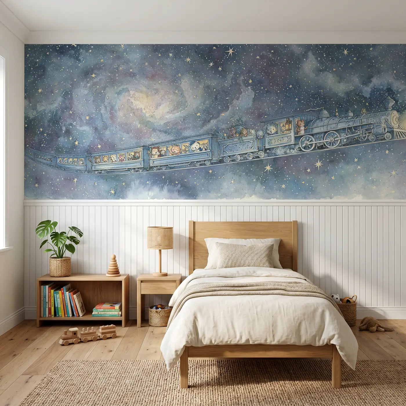 Storybook space train galaxy travel wainscoting wallpaper for bedroom by Whimsy Tots.