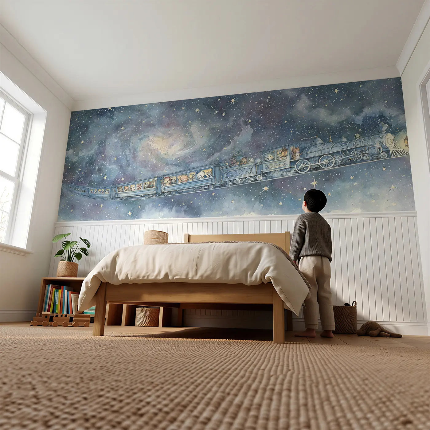 Child reading near Space Train Galaxy Travel Wainscoting Wallpaper by Whimsy Tots